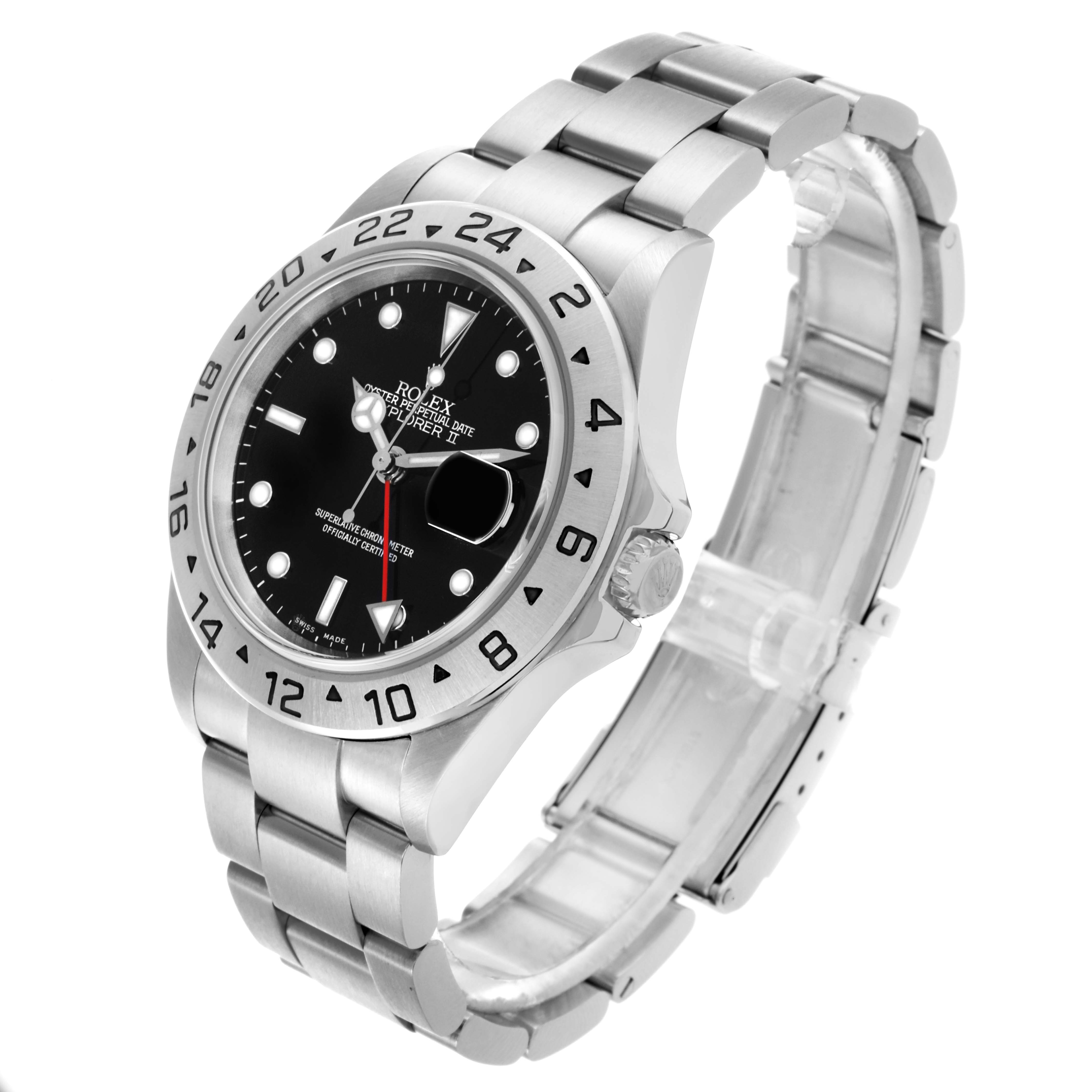 The Rolex Explorer 16570 Men's Stainless Steel Black Dial 16570 Men's Stainless Steel Black Dial watch is shown at an angled view, highlighting its bezel, face, and bracelet.