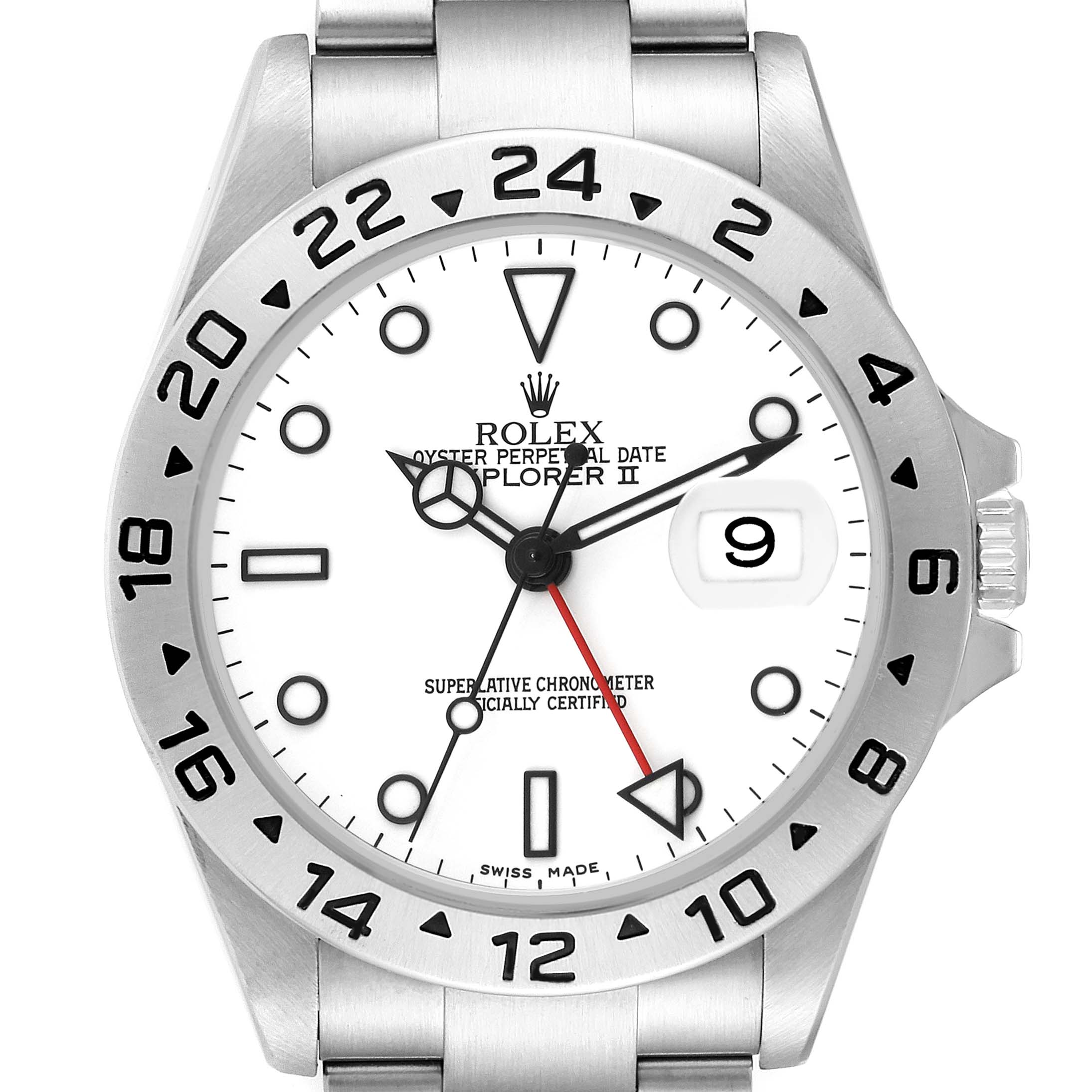 This image shows a front view of the Rolex Explorer 16570T Men
s Stainless Steel White Dial 16570T Men
s Stainless Steel White Dial watch, depicting its silver bezel, white dial, and luminous markers.