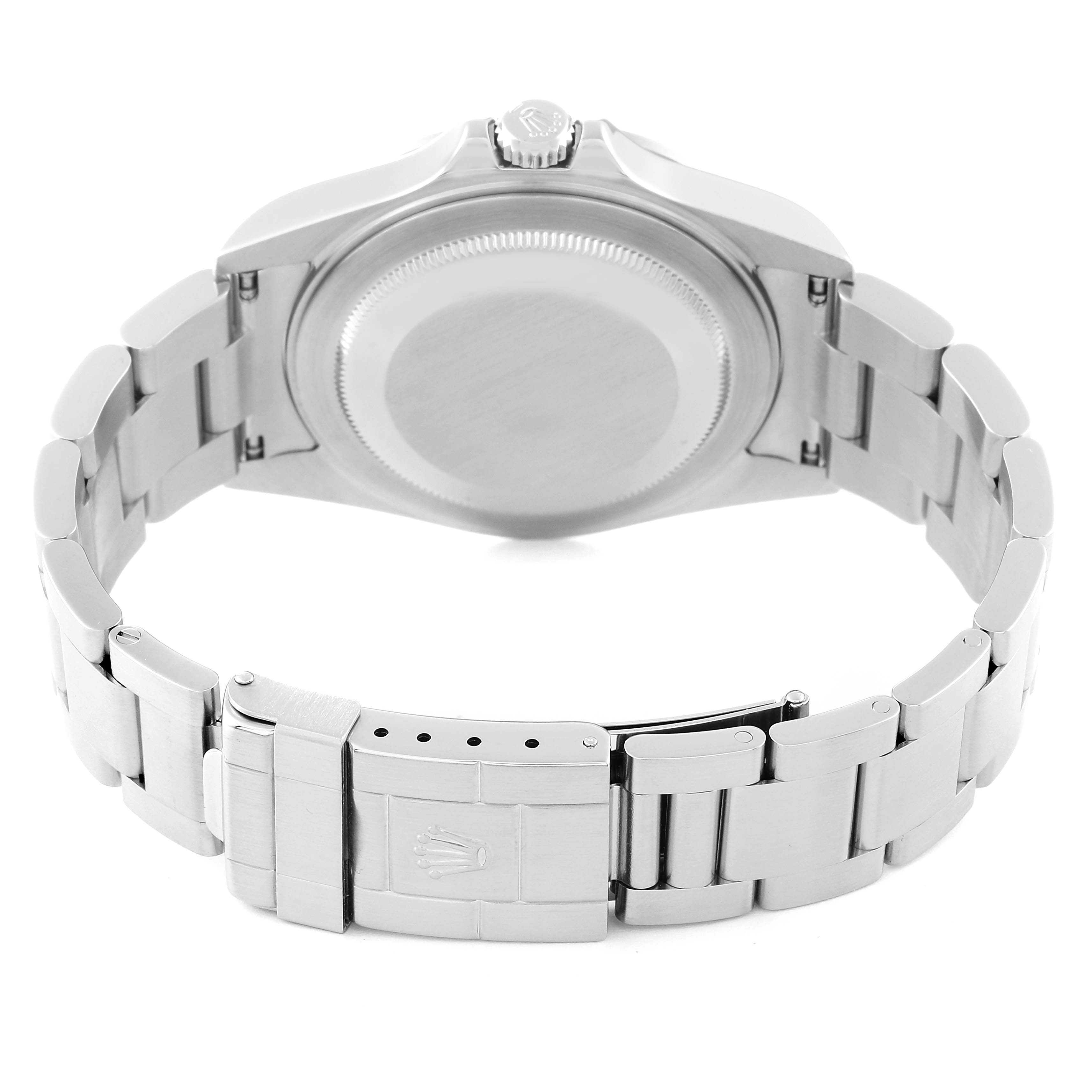 The image shows the back and bracelet clasp of a Rolex Explorer 16570T Men
s Stainless Steel White Dial 16570T Men
s Stainless Steel White Dial model watch.