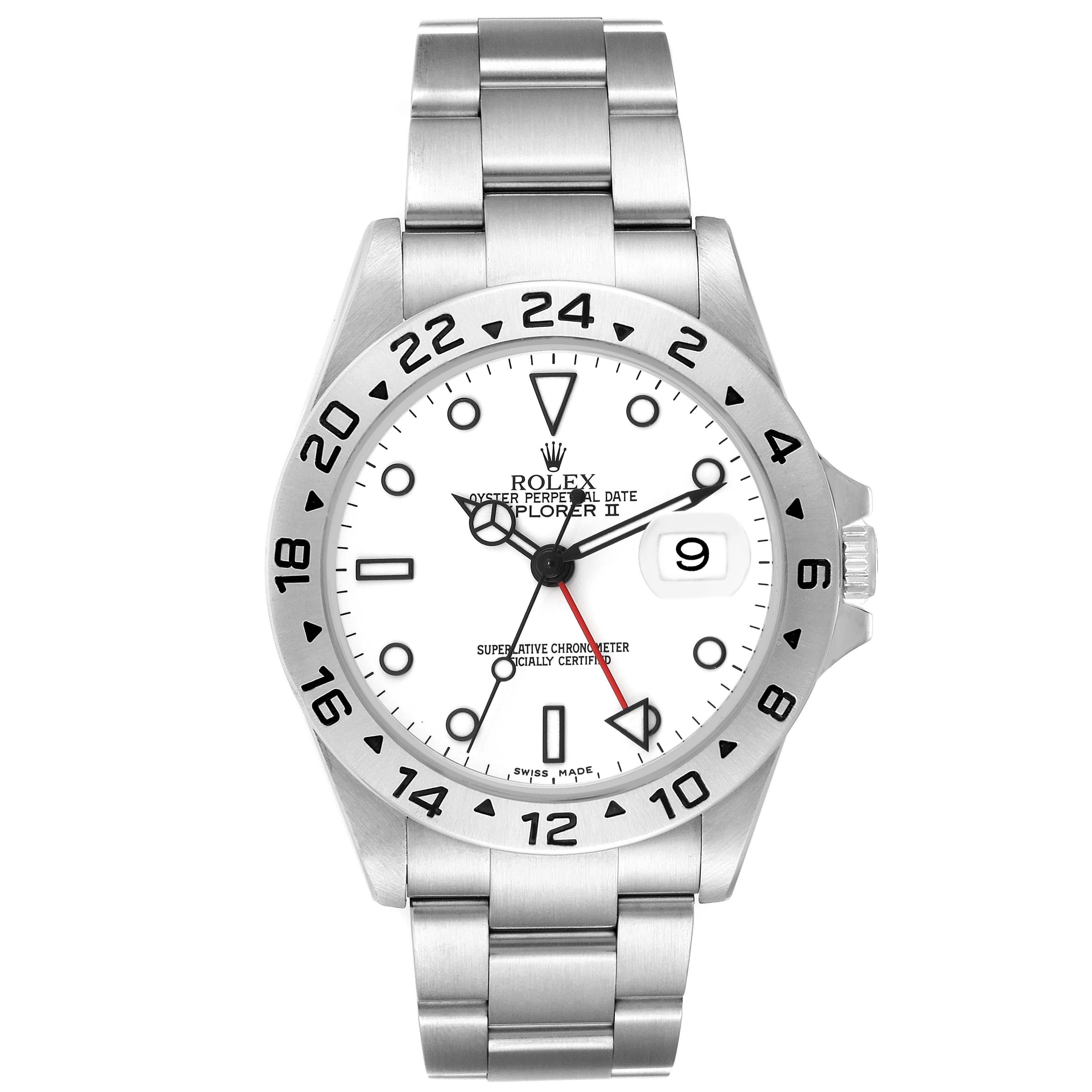 The image shows a front view of the Rolex Explorer 16570T Men
s Stainless Steel White Dial 16570T Men
s Stainless Steel White Dial watch, highlighting the dial, bezel, and bracelet.