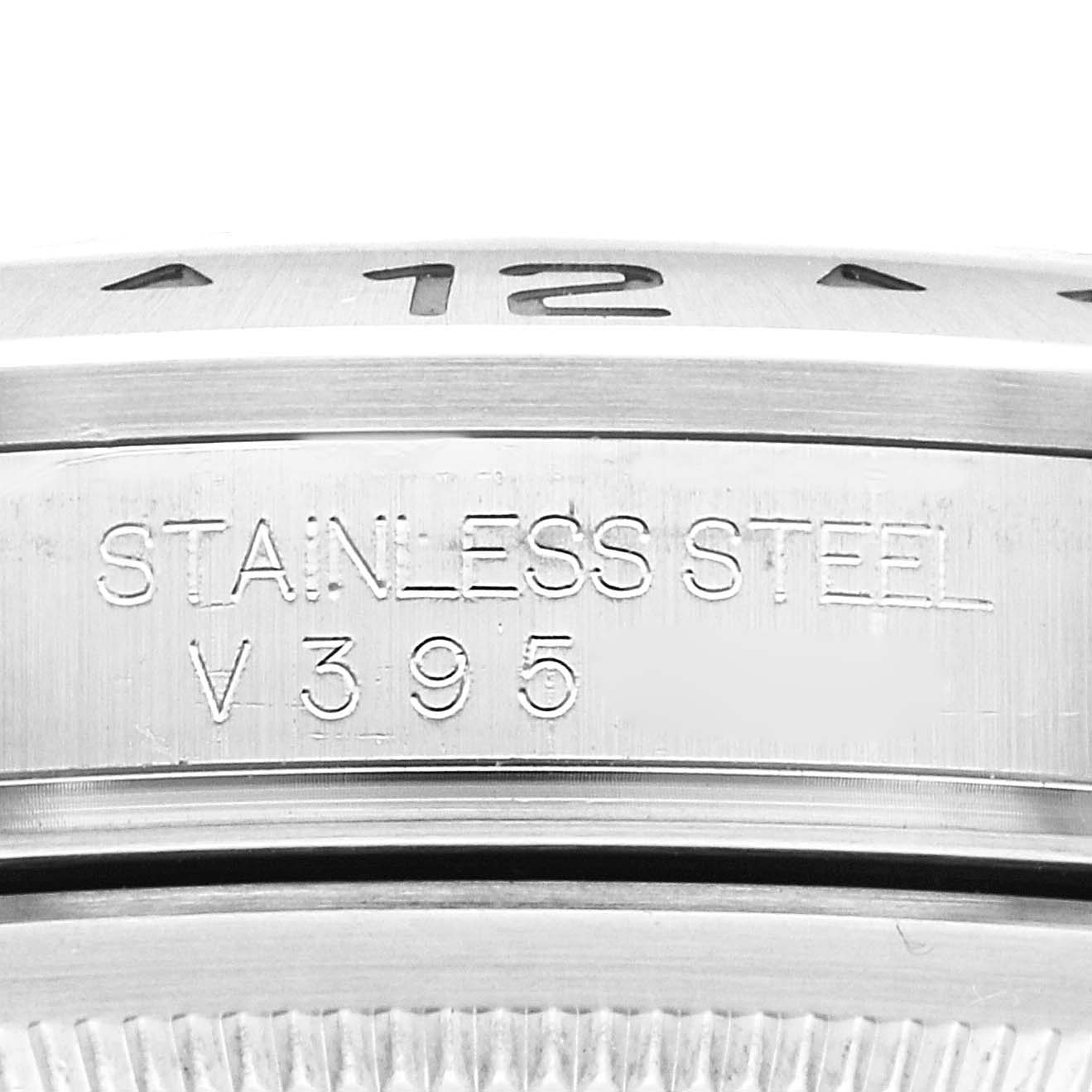 This image shows a close-up of the stainless steel case back of the Rolex Explorer 16570T Men
s Stainless Steel White Dial 16570T Men
s Stainless Steel White Dial watch, highlighting its markings.