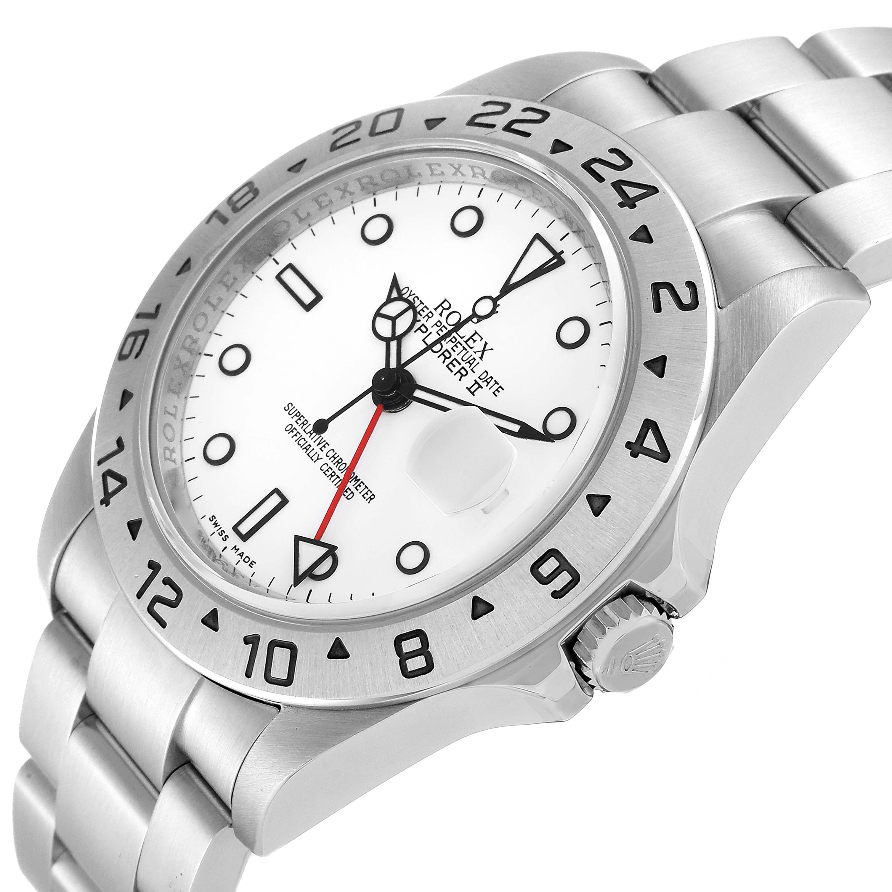 This image shows a side angle of the Rolex Explorer 16570T Men
s Stainless Steel White Dial 16570T Men
s Stainless Steel White Dial model, highlighting the bezel, dial, crown, and part of the bracelet.
