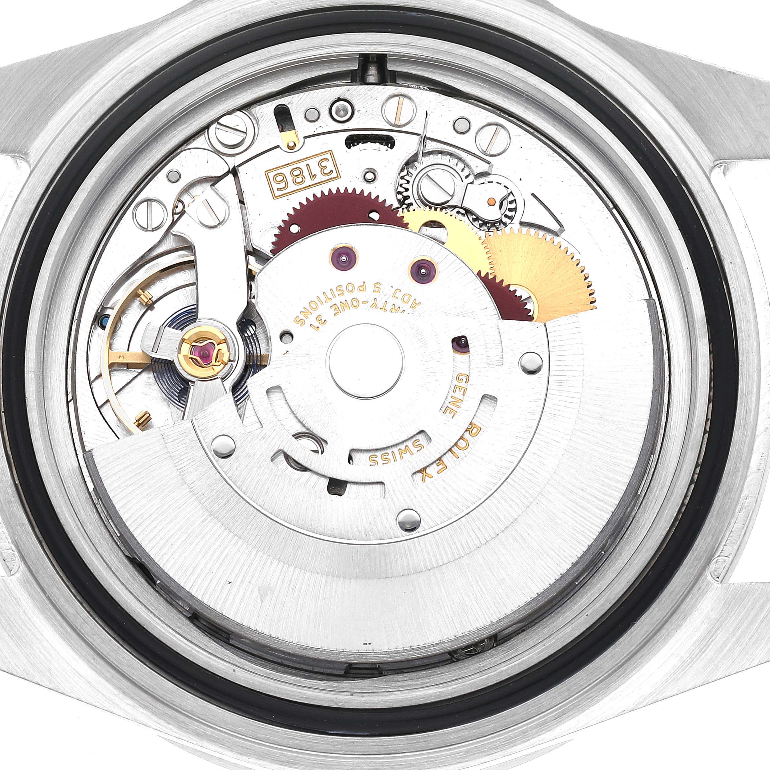 This image shows the inner mechanism of a Rolex Explorer 16570T Men
s Stainless Steel White Dial 16570T Men
s Stainless Steel White Dial model watch from a rear view, highlighting its movement components.