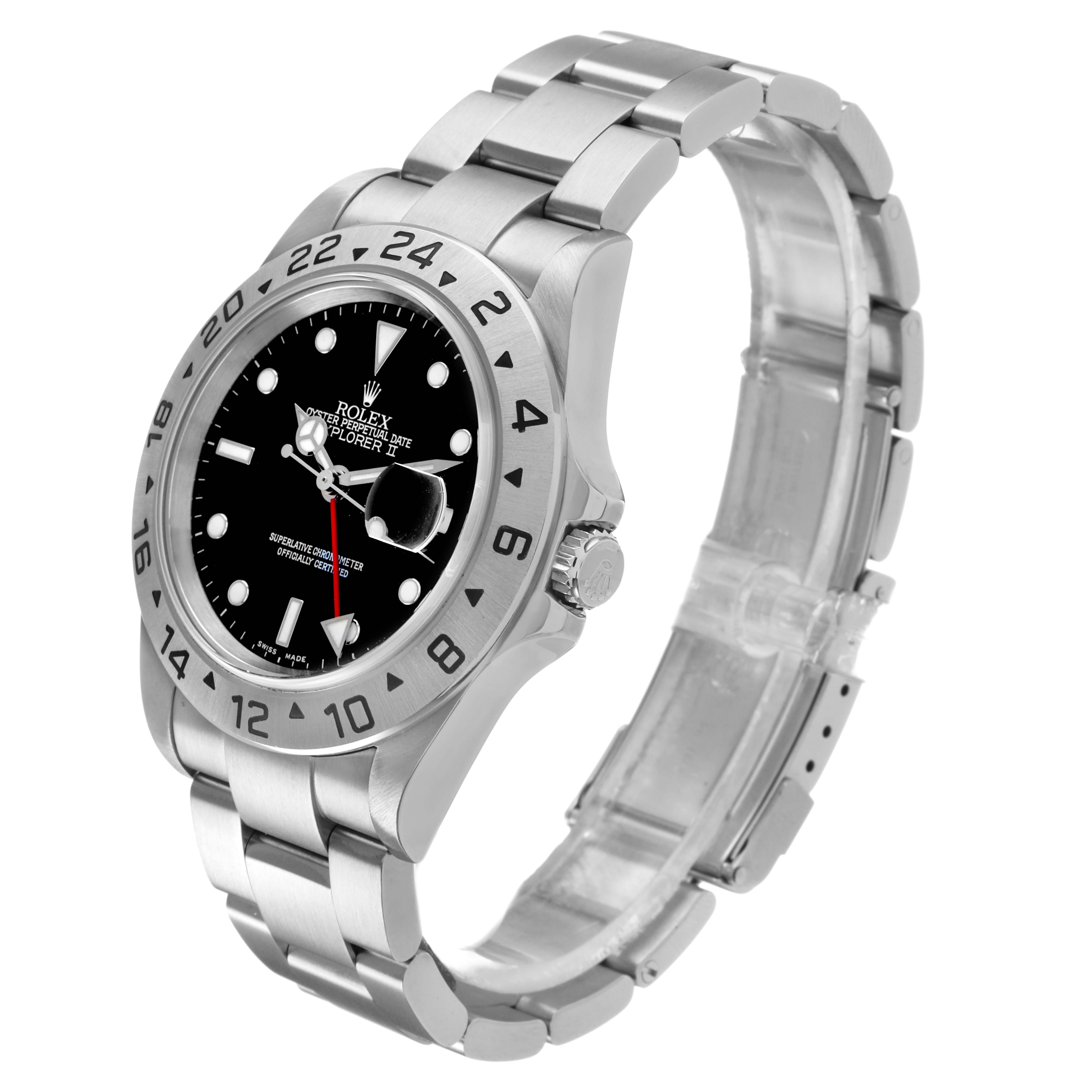 The Rolex Explorer 16570 Men's Stainless Steel Black Dial watch is shown at an angled view, displaying its face, bezel, crown, and stainless steel bracelet.