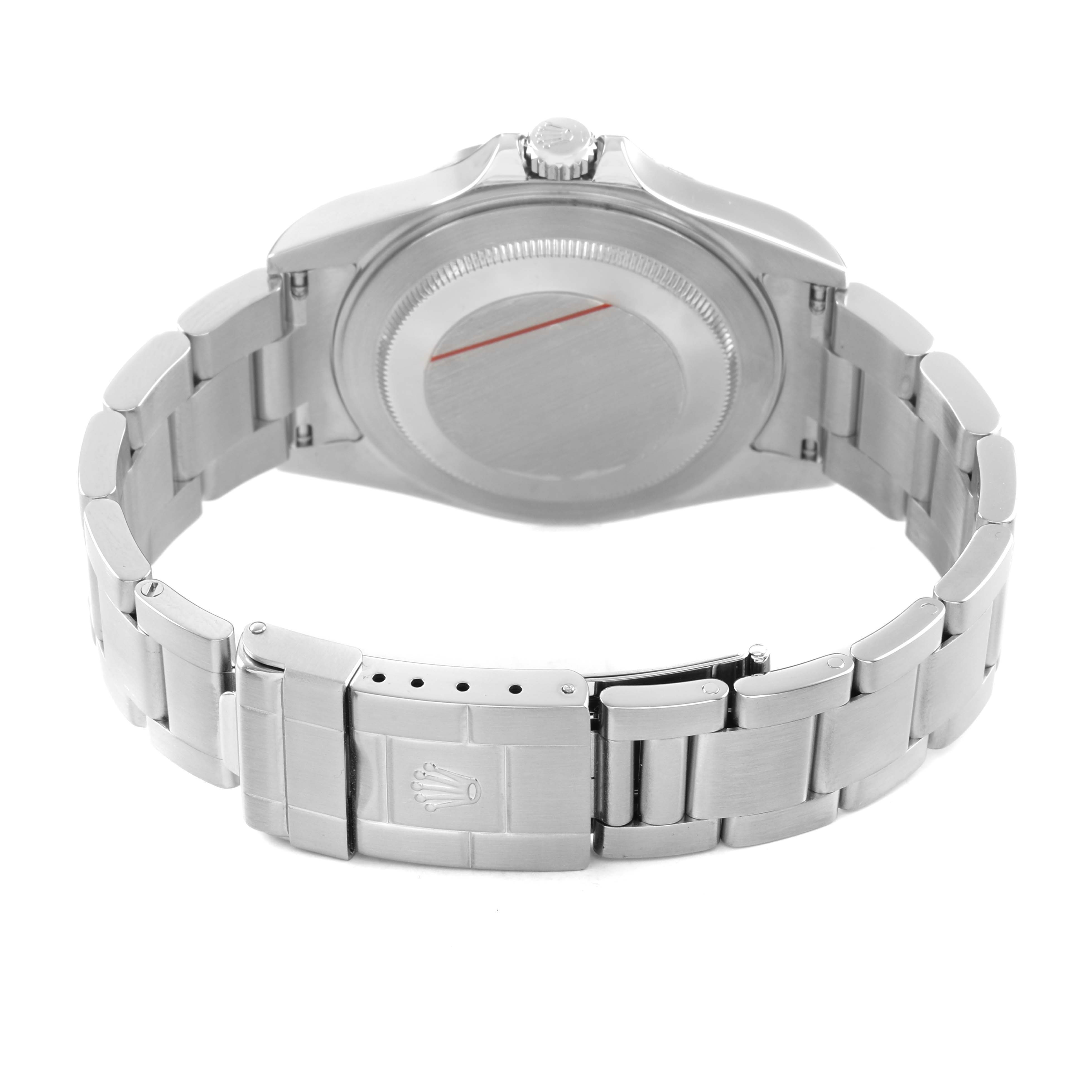 The image shows the back view of a Rolex Explorer 16570 Men's Stainless Steel Black Dial, highlighting the clasp and bracelet.