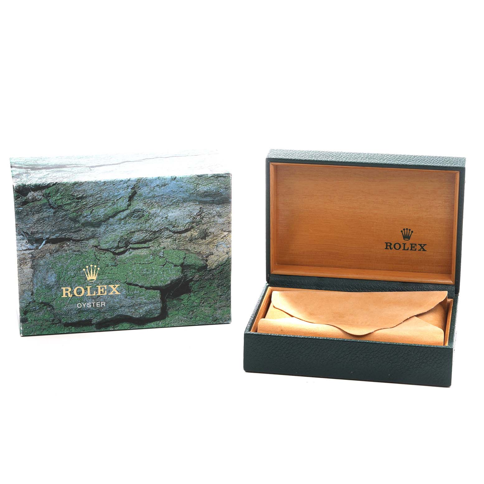 The image shows the packaging for a Rolex Explorer 16570 Men's Stainless Steel Black Dial, including the outer box and interior wooden box.