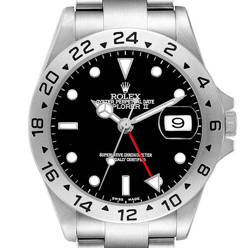 The Rolex Explorer 16570 Men's Stainless Steel Black Dial II watch is shown from a frontal angle, displaying the dial, bezel, hands, and bracelet.