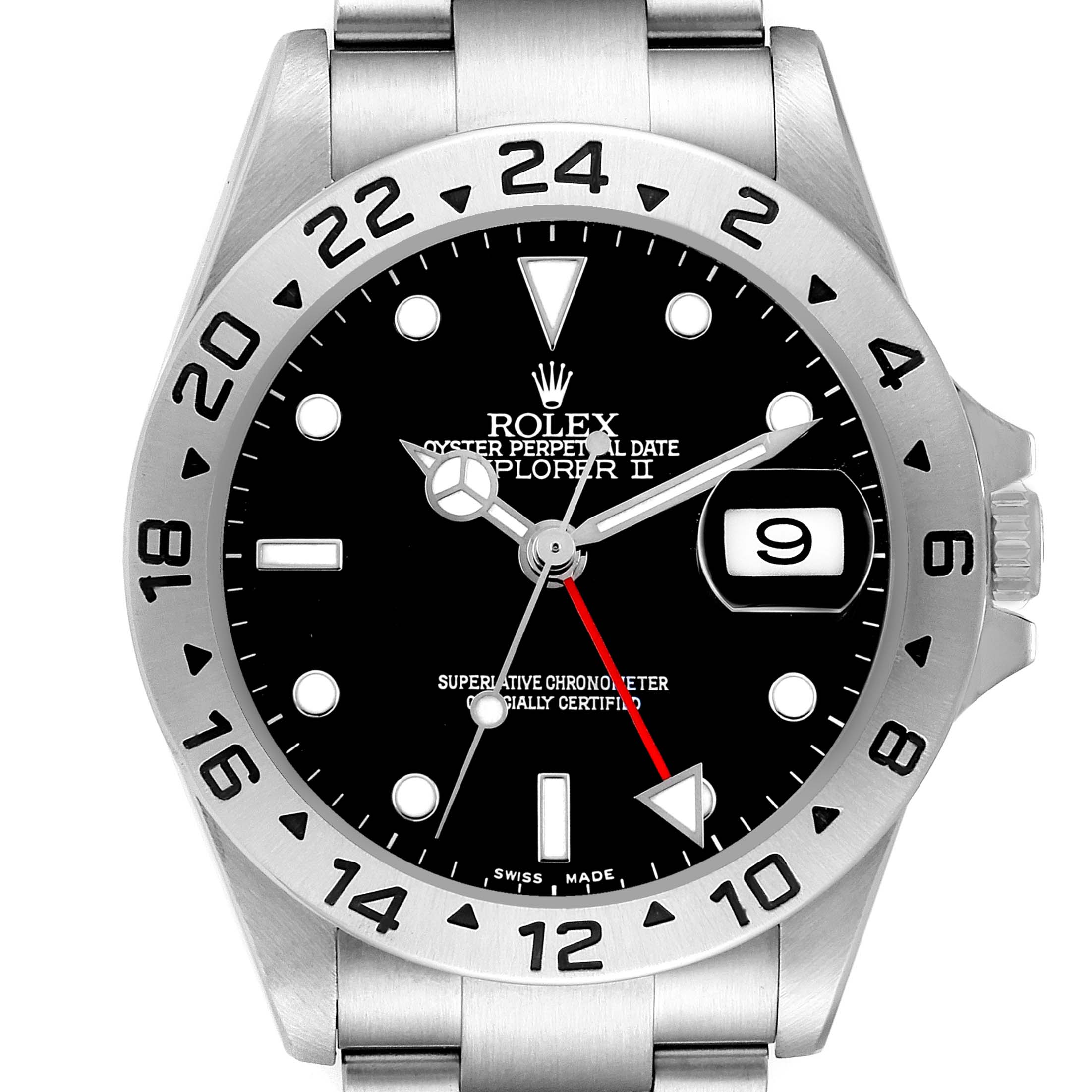 The Rolex Explorer 16570 Men's Stainless Steel Black Dial II is shown from a frontal angle, displaying its bezel, dial, hands, and date magnification.