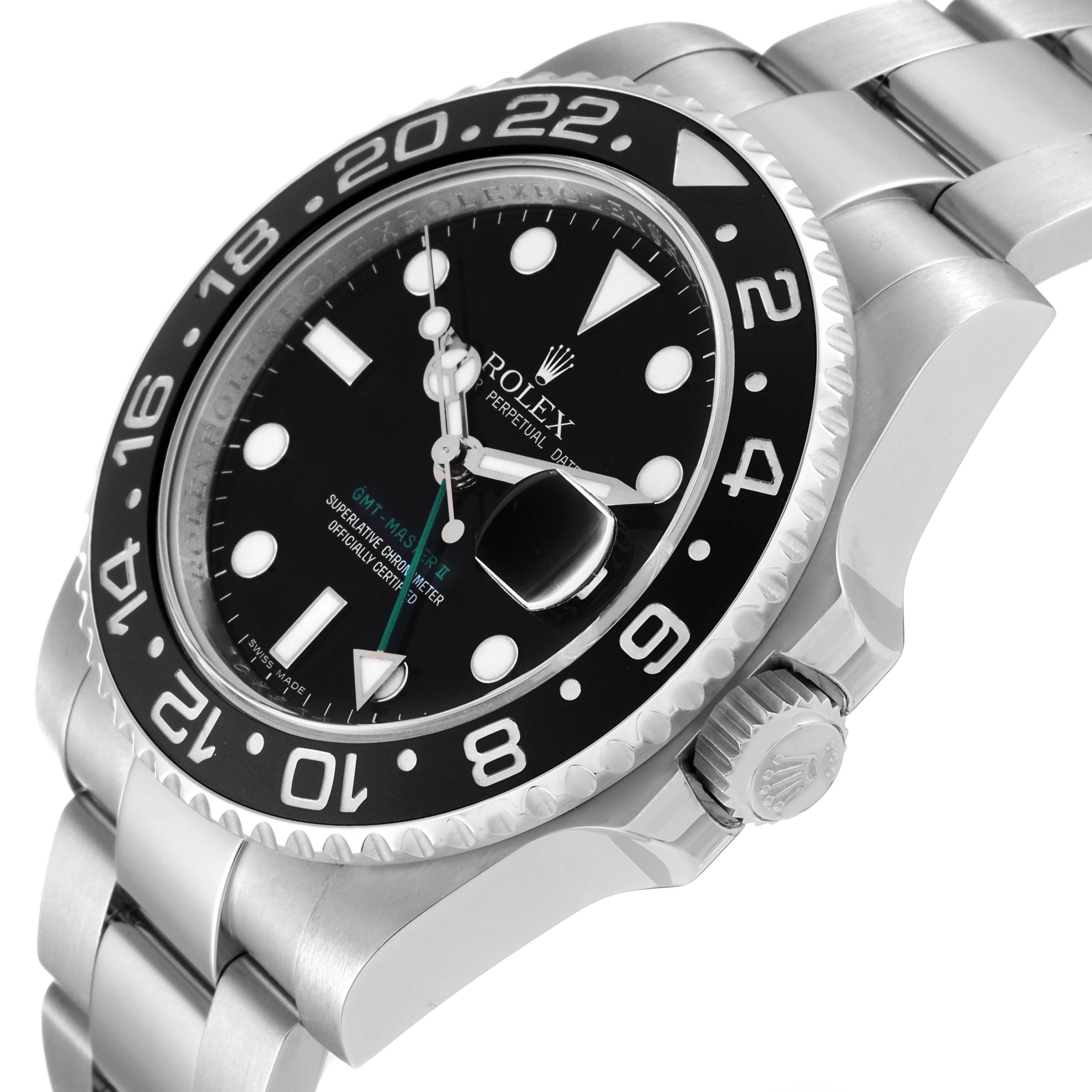 The image shows a close-up view of the Rolex GMT-Master 116710LN Men's Stainless Steel Black Dial 116710LN Men's Stainless Steel Black Dial watch, focusing on the bezel, dial, and bracelet.