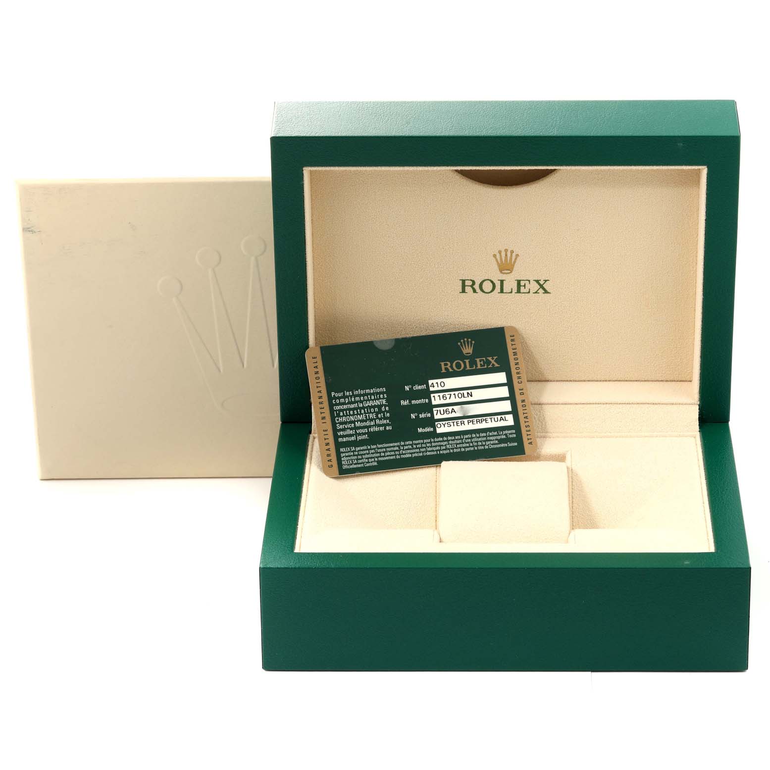 The image shows a Rolex GMT-Master 116710LN Men's Stainless Steel Black Dial 116710LN Men's Stainless Steel Black Dial watch box and its warranty card placed inside an open green and beige box.