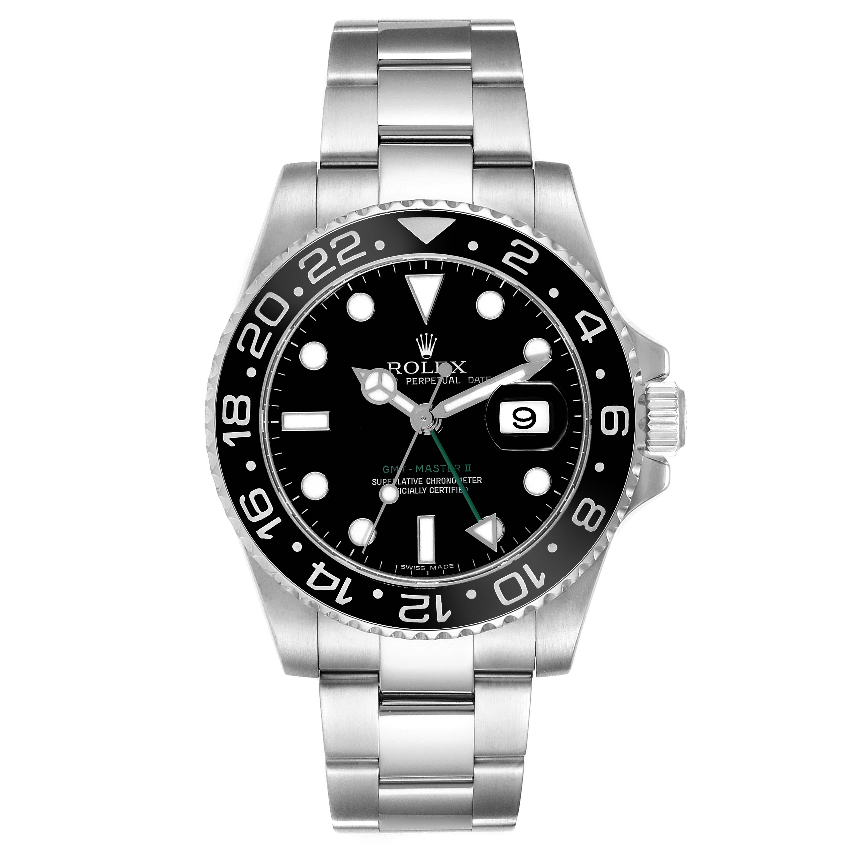 The image shows a front view of a Rolex GMT-Master 116710LN Men's Stainless Steel Black Dial 116710LN Men's Stainless Steel Black Dial II watch, displaying the dial, bezel, hands, date window, and bracelet.