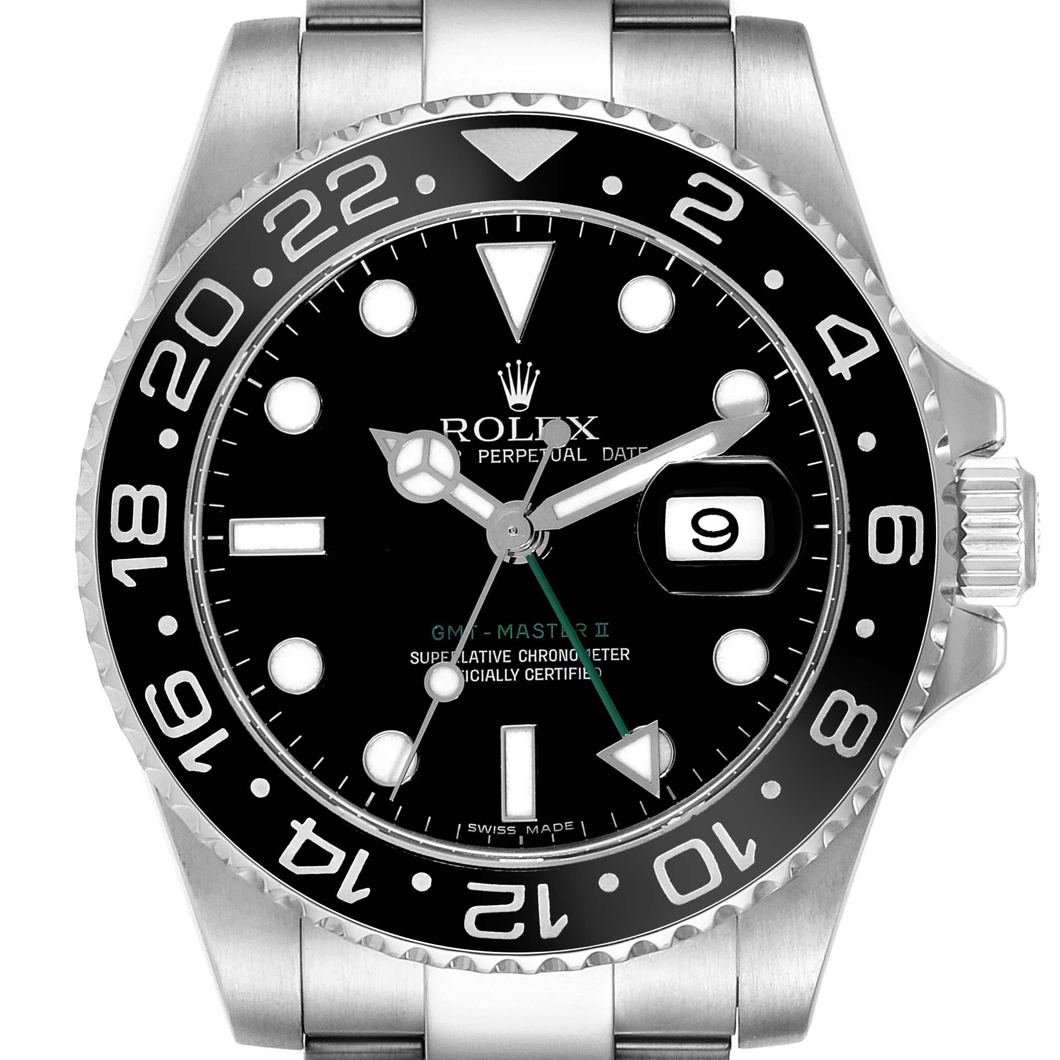This is a close-up image of the face of a Rolex GMT-Master 116710LN Men's Stainless Steel Black Dial 116710LN Men's Stainless Steel Black Dial II watch, showing the bezel, dial, hands, and date window.