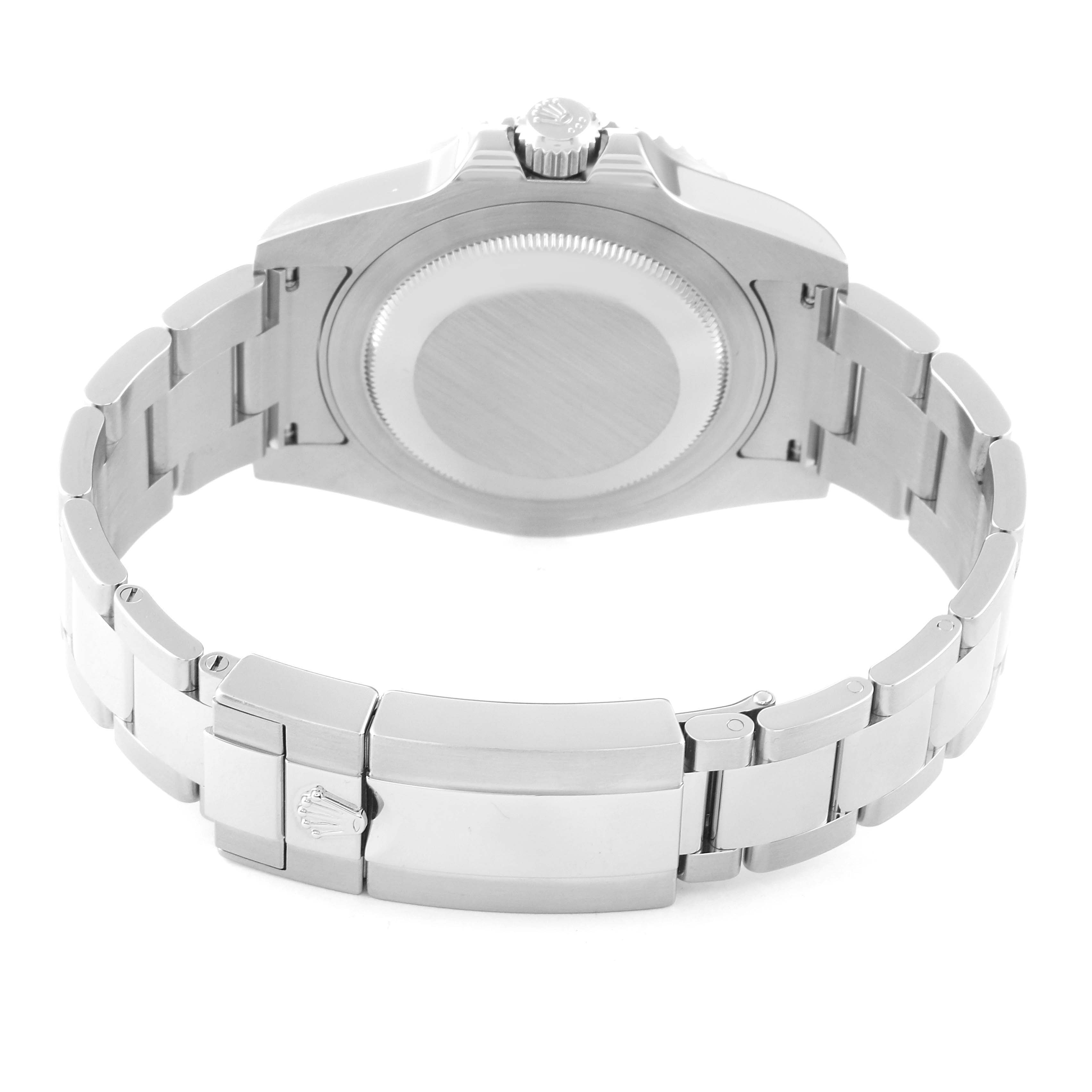 This is a rear view of the Rolex GMT-Master 116710LN Men's Stainless Steel Black Dial 116710LN Men's Stainless Steel Black Dial, showing the caseback, crown, and bracelet with clasp.