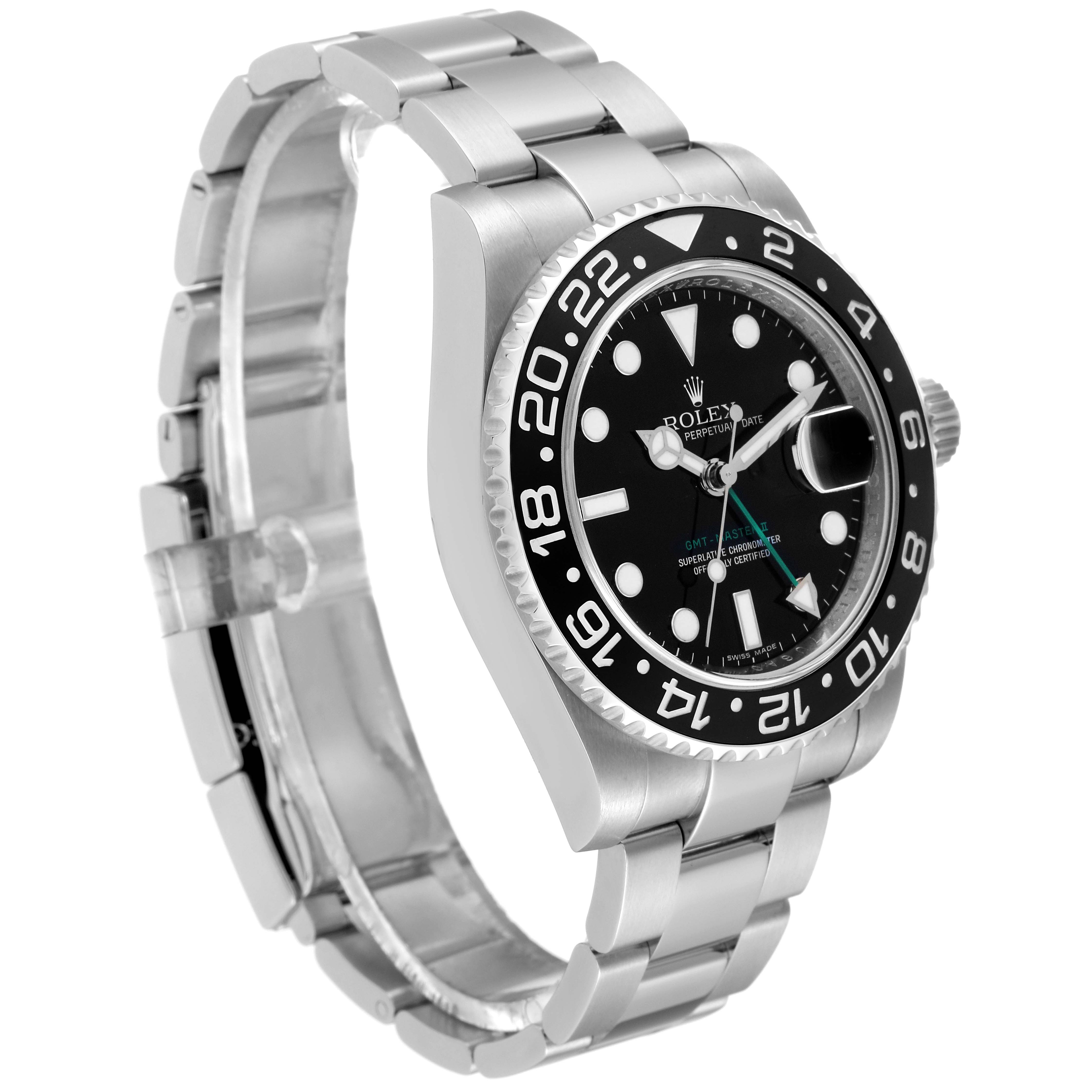 The image shows a side angle of the Rolex GMT-Master 116710LN Men's Stainless Steel Black Dial 116710LN Men's Stainless Steel Black Dial watch, highlighting its bracelet, bezel, and face.