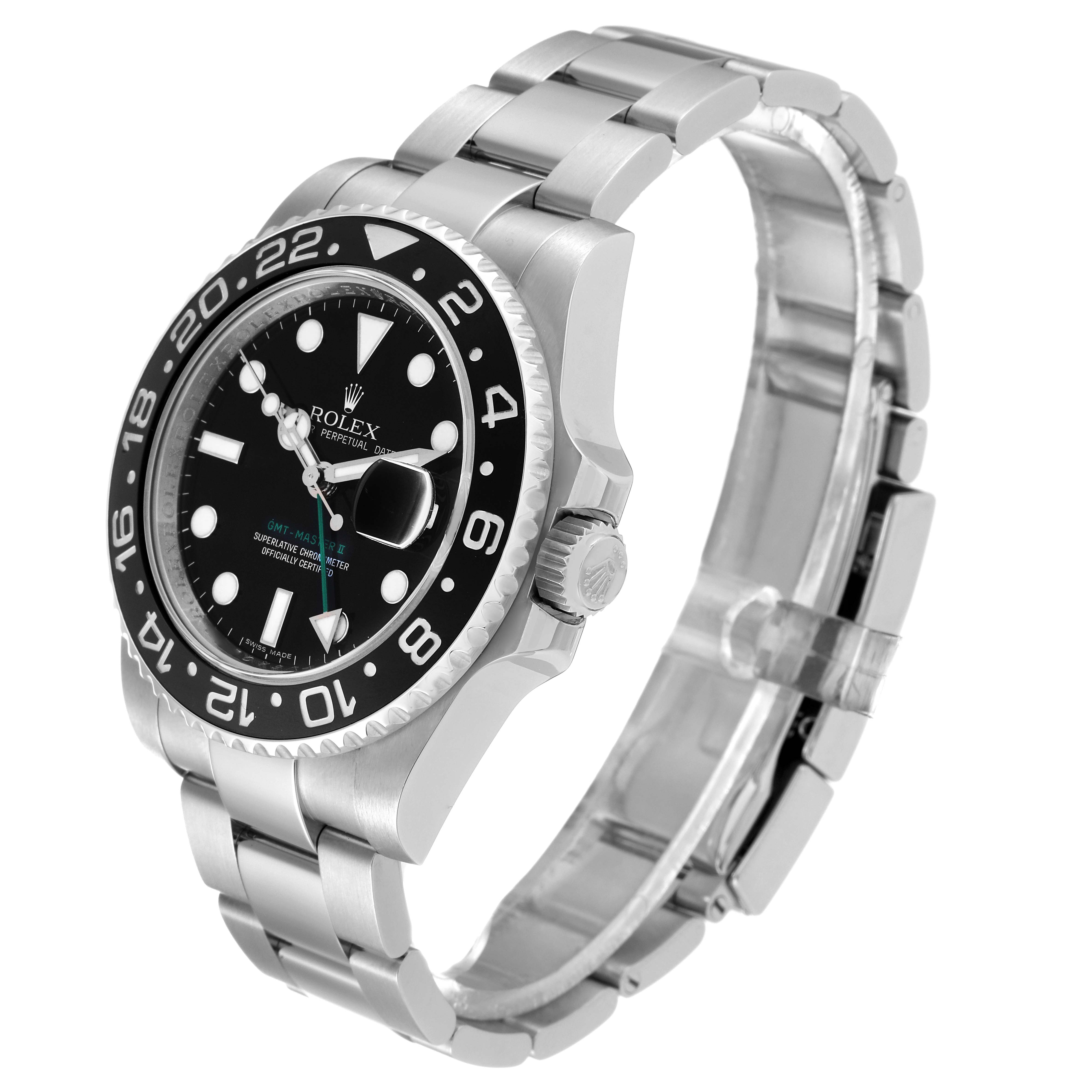This image shows a side-angled view of a Rolex GMT-Master 116710LN Men's Stainless Steel Black Dial 116710LN Men's Stainless Steel Black Dial watch, highlighting the bezel, dial, crown, and bracelet.