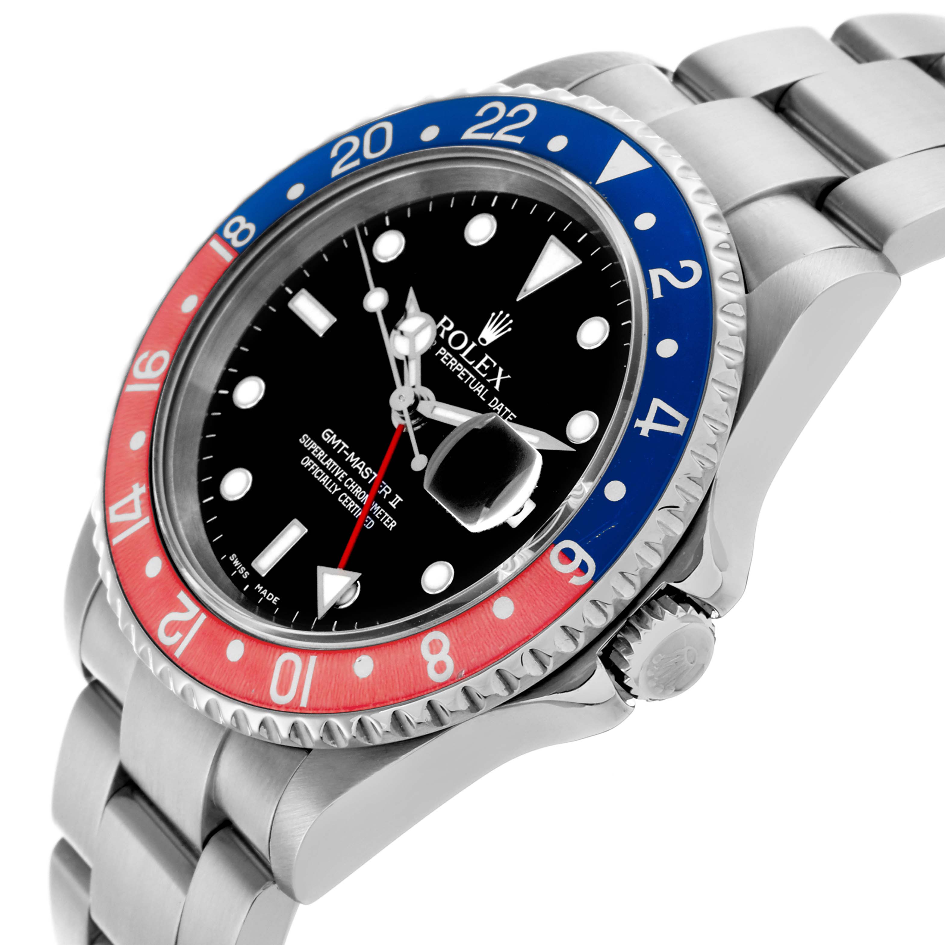 The Rolex GMT-Master 16710 Men
s Stainless Steel Black Dial 16710 Men
s Stainless Steel Black Dial watch is shown at an angled side view, highlighting the bezel, dial, and bracelet.