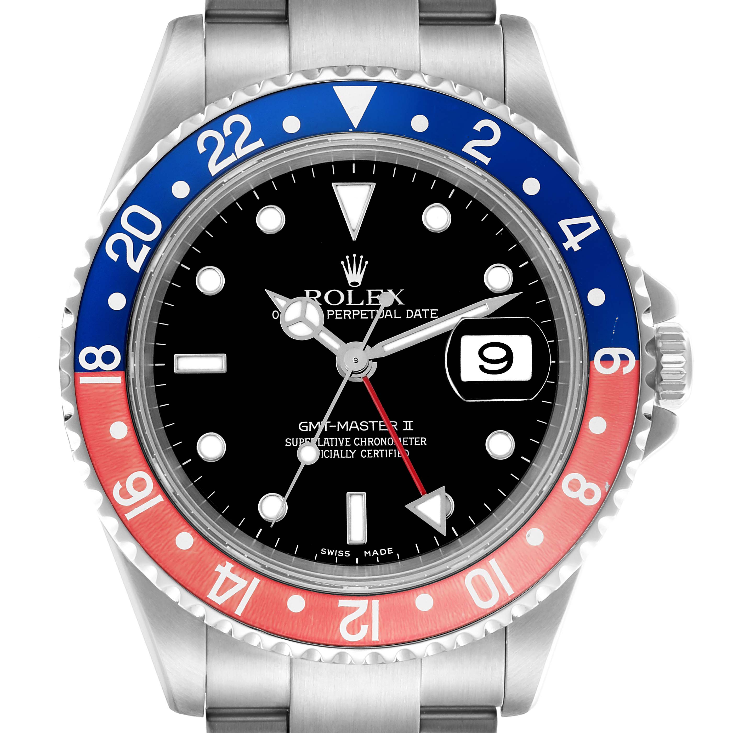 The Rolex GMT-Master 16710 Men
s Stainless Steel Black Dial 16710 Men
s Stainless Steel Black Dial watch is shown from a front angle, displaying the bezel, dial, and partial bracelet.