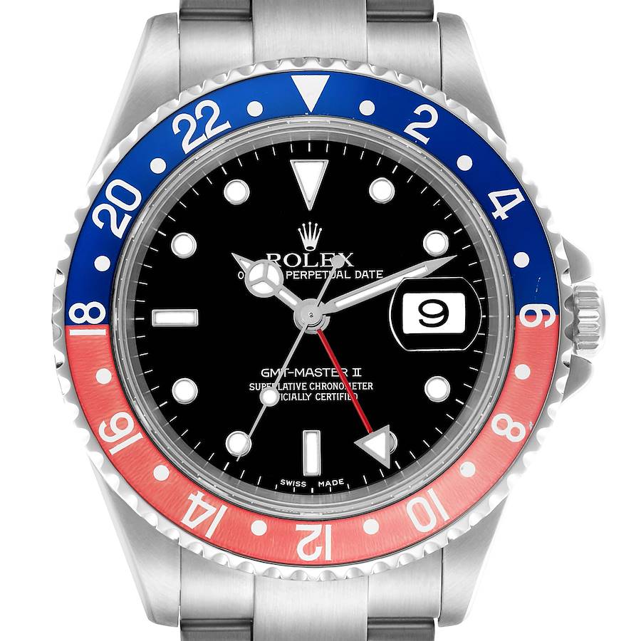 The Rolex GMT-Master watch is shown from a front angle, displaying the bezel, dial, and partial bracelet.