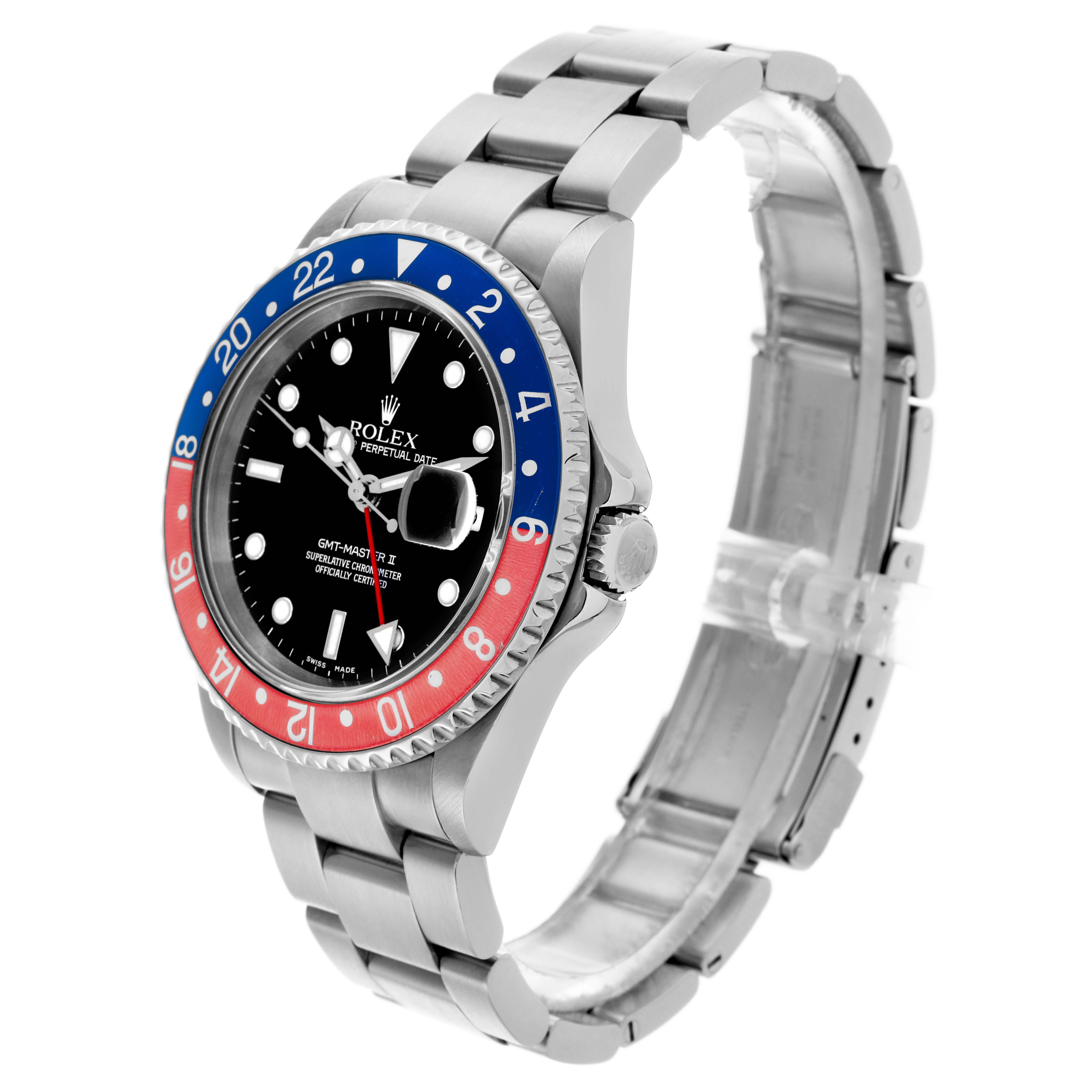The Rolex GMT-Master 16710 Men
s Stainless Steel Black Dial 16710 Men
s Stainless Steel Black Dial watch is shown at a three-quarter angle, highlighting the bezel, face, and bracelet.