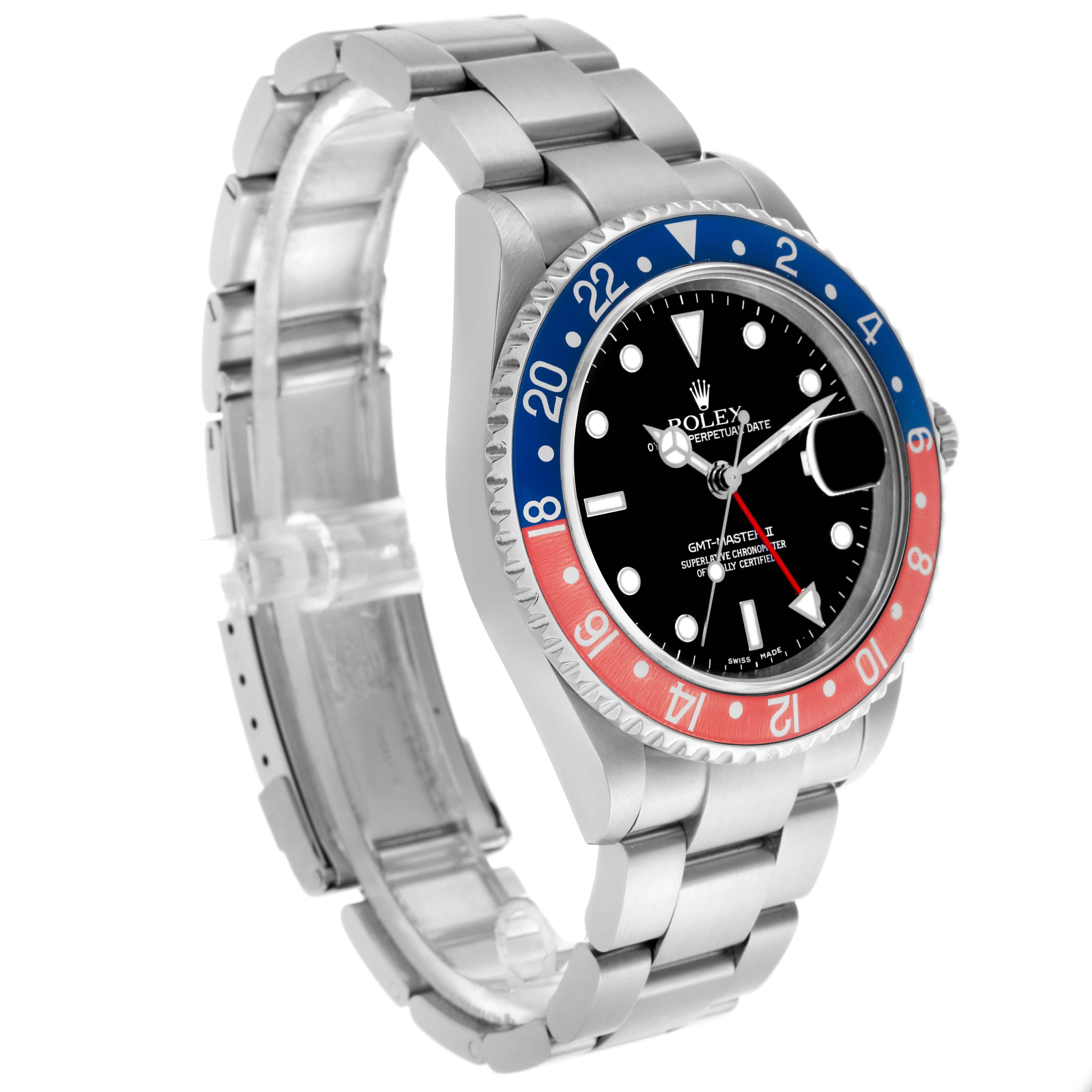 The Rolex GMT-Master 16710 Men
s Stainless Steel Black Dial 16710 Men
s Stainless Steel Black Dial watch is shown at a 3/4 angle, highlighting the bezel, dial, and bracelet.