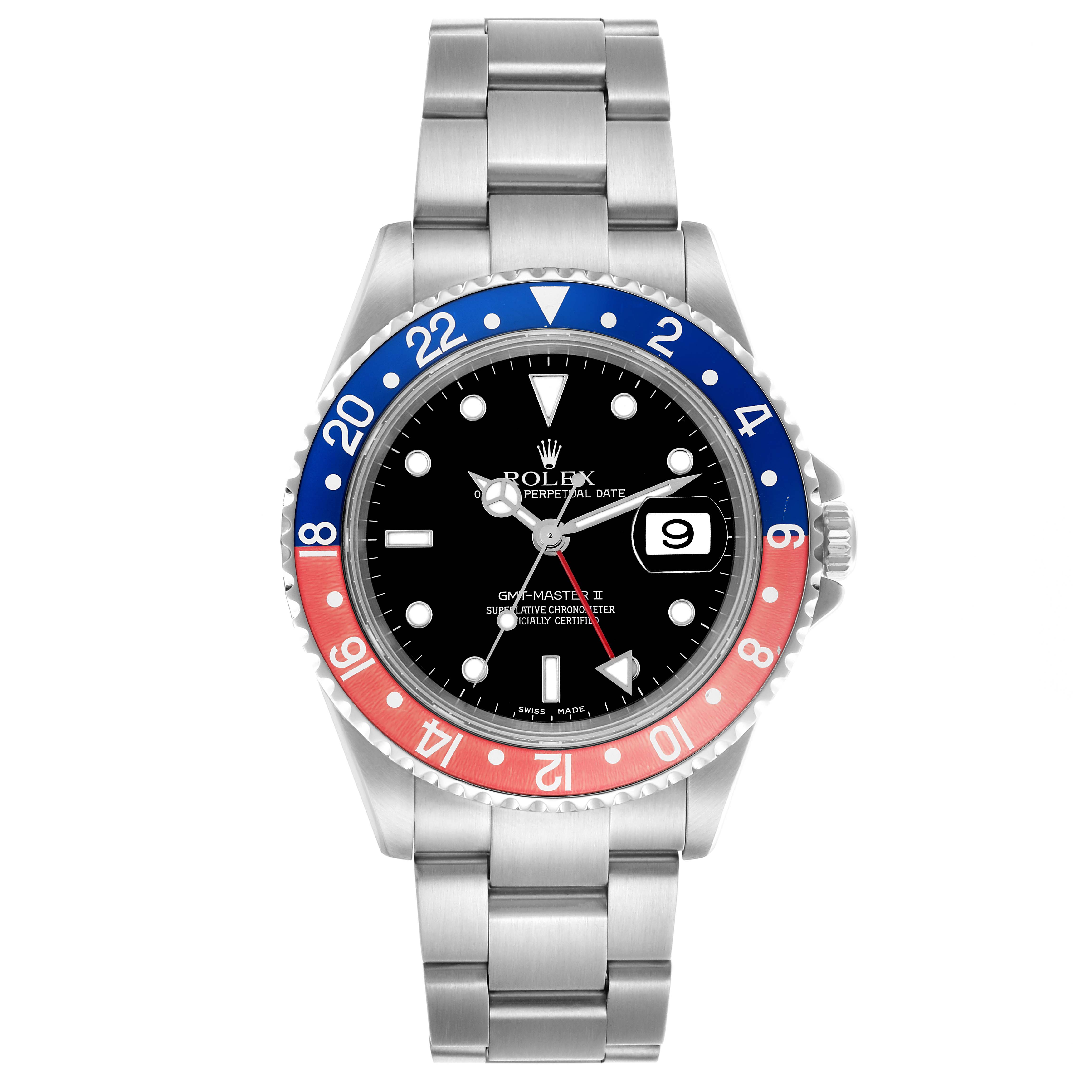 The Rolex GMT-Master 16710 Men
s Stainless Steel Black Dial 16710 Men
s Stainless Steel Black Dial watch is shown from a top view, highlighting the bezel, dial, and stainless steel bracelet.