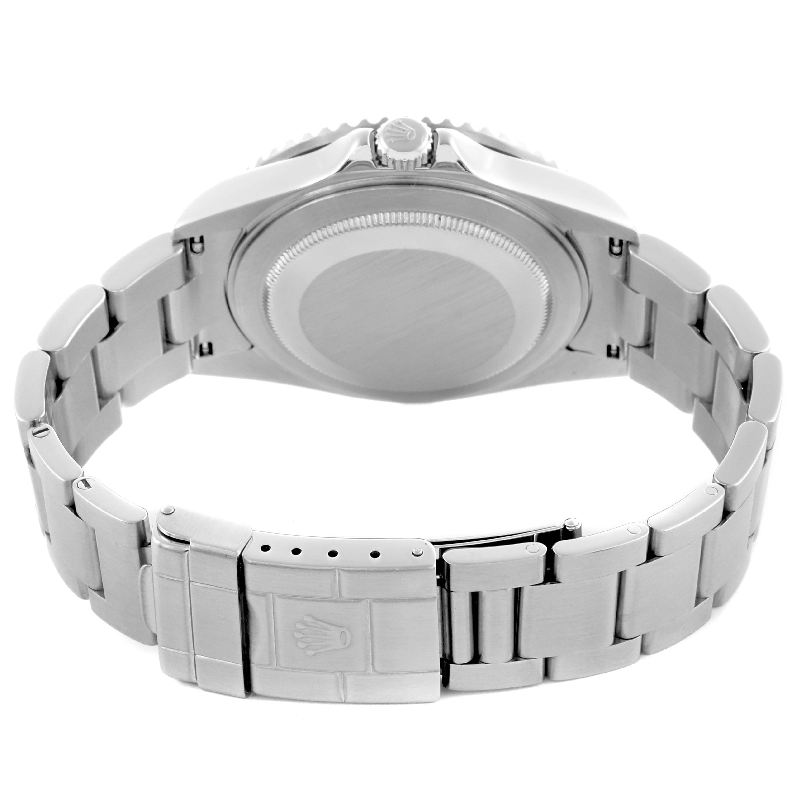 The image shows the back view of a Rolex GMT-Master 16710 Men
s Stainless Steel Black Dial 16710 Men
s Stainless Steel Black Dial watch, highlighting the bracelet and clasp.