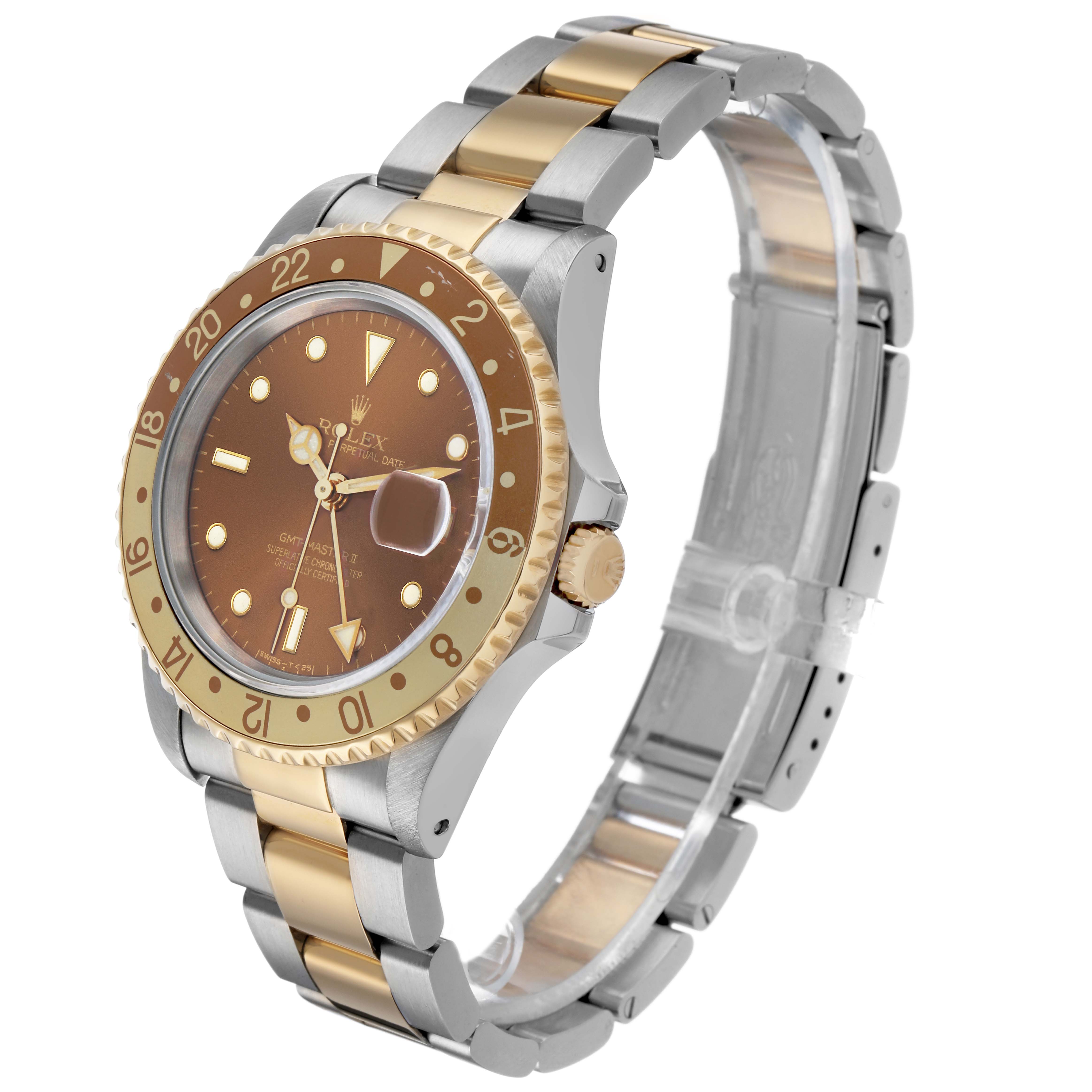 The Rolex GMT-Master 16713 Men's Steel and Gold (two tone) Brown Dial watch is shown at a three-quarter angle, displaying the bracelet, bezel, dial, and crown.