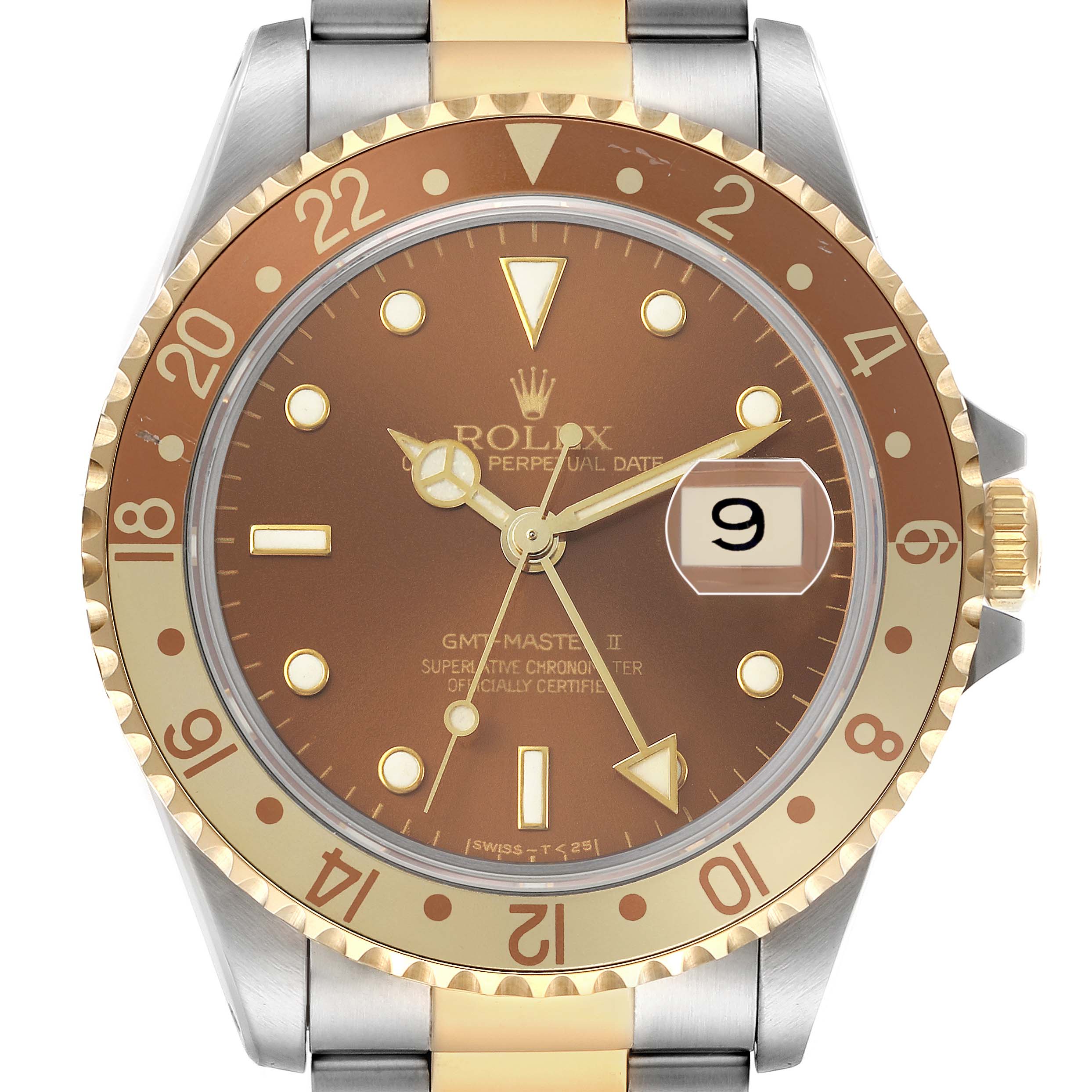 The Rolex GMT-Master 16713 Men's Steel and Gold (two tone) Brown Dial watch is shown from the front, highlighting the bezel, dial, hands, and date window clearly.