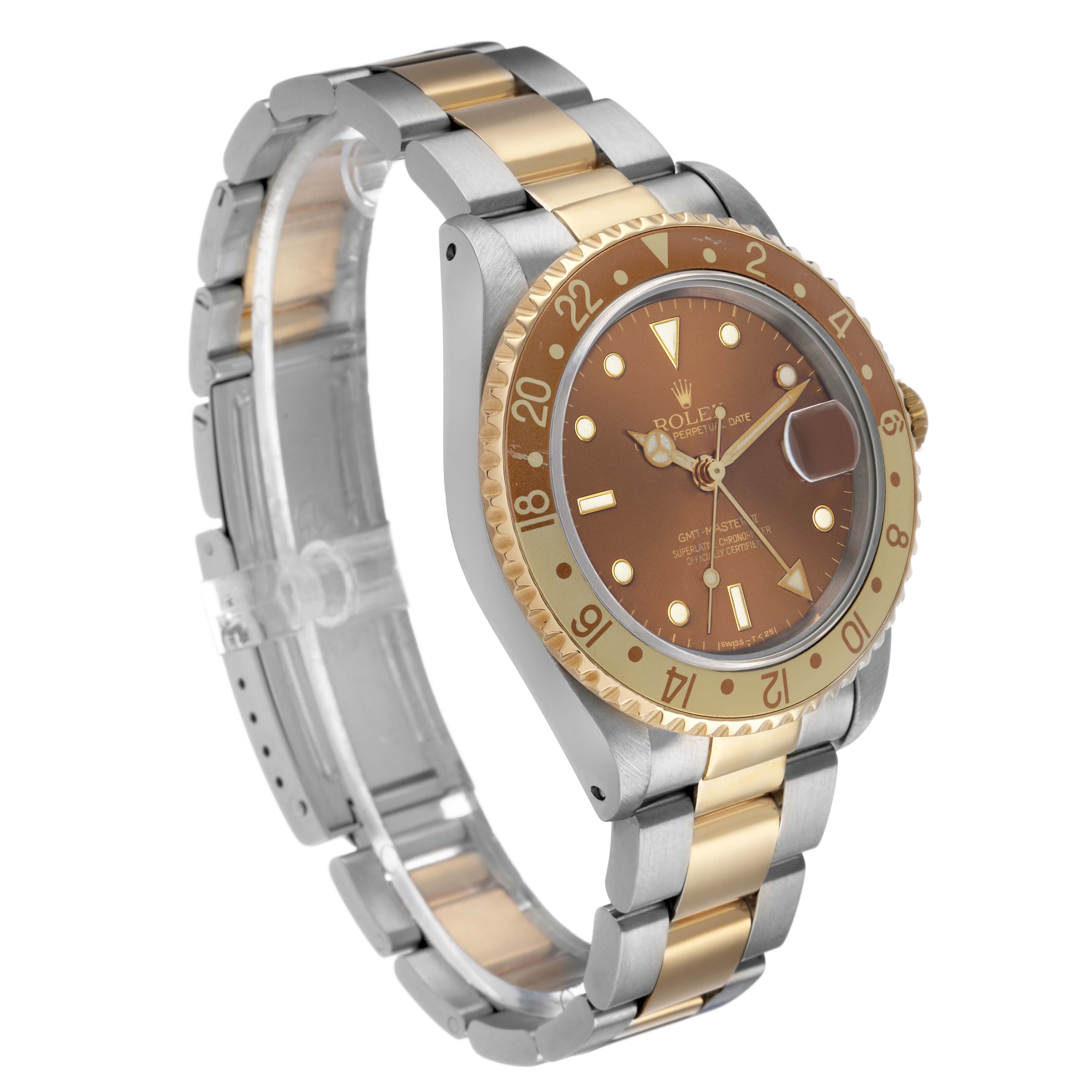 The Rolex GMT-Master 16713 Men's Steel and Gold (two tone) Brown Dial watch is shown at a three-quarter angle, displaying the bezel, brown dial, and two-tone bracelet.