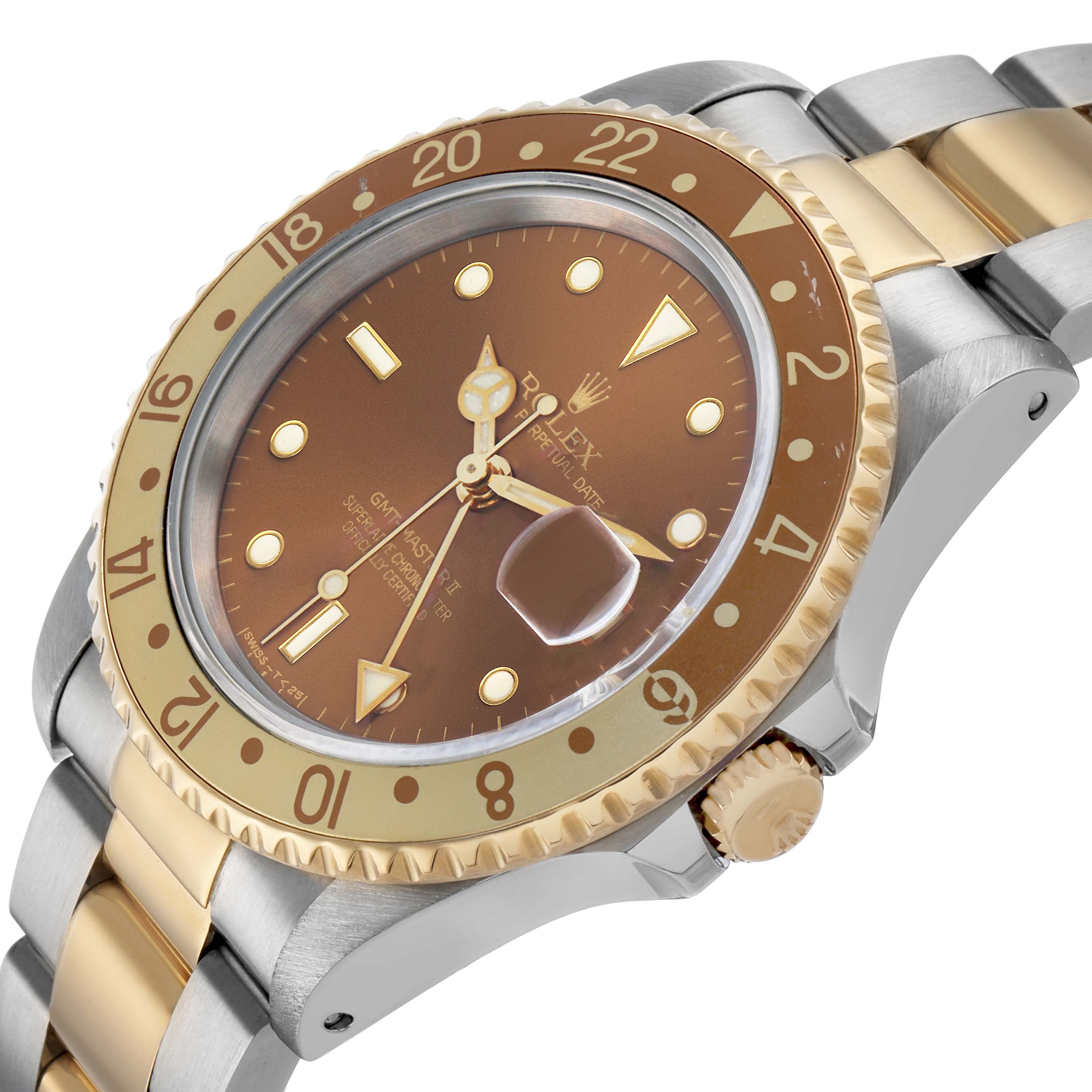 The image shows a close-up of the Rolex GMT-Master 16713 Men's Steel and Gold (two tone) Brown Dial watch from an oblique angle, highlighting the bezel, dial, case, and bracelet.