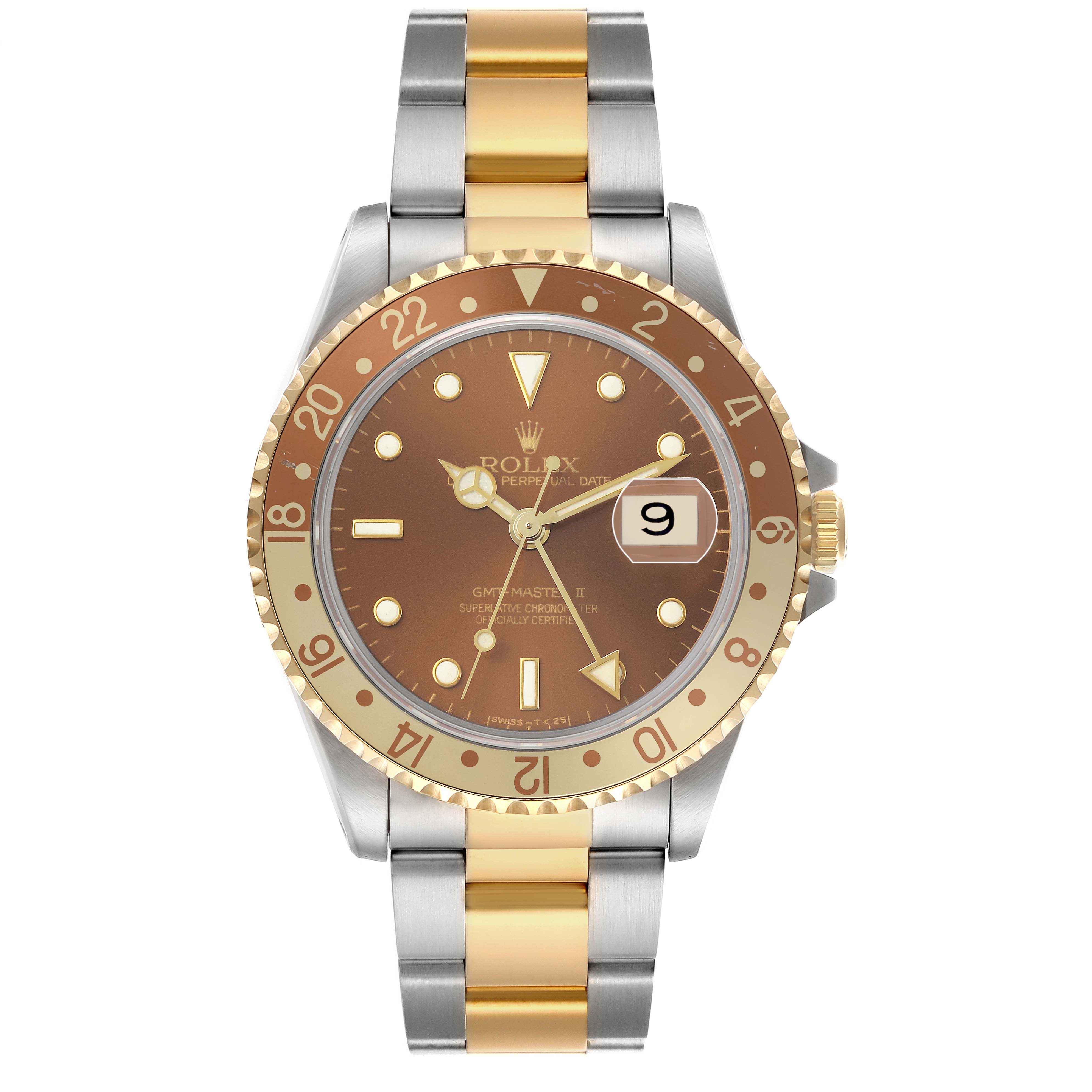 The Rolex GMT-Master 16713 Men's Steel and Gold (two tone) Brown Dial watch is shown from a straight-on angle, displaying its brown dial, gold accents, and two-tone bracelet.