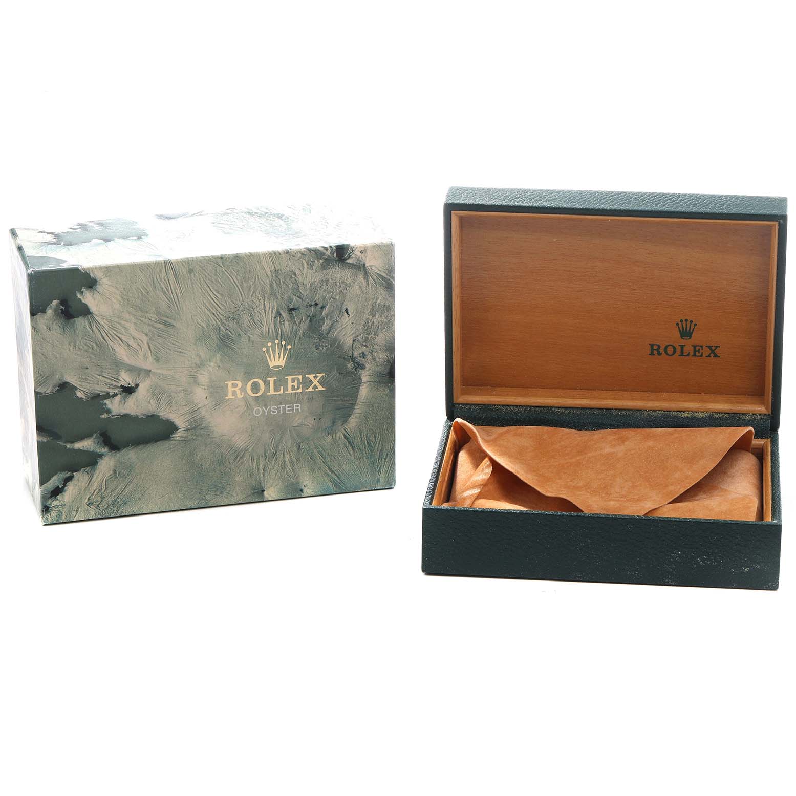 The image shows a closed Rolex GMT-Master 16713 Men's Steel and Gold (two tone) Brown Dial branded box and an open display case with a cushion inside.