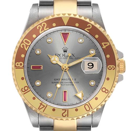 The Rolex GMT-Master 16713 Men's Steel and Gold (two tone) Grey Dial watch is shown from a frontal angle, highlighting its dial, bezel, crown, and part of the bracelet.