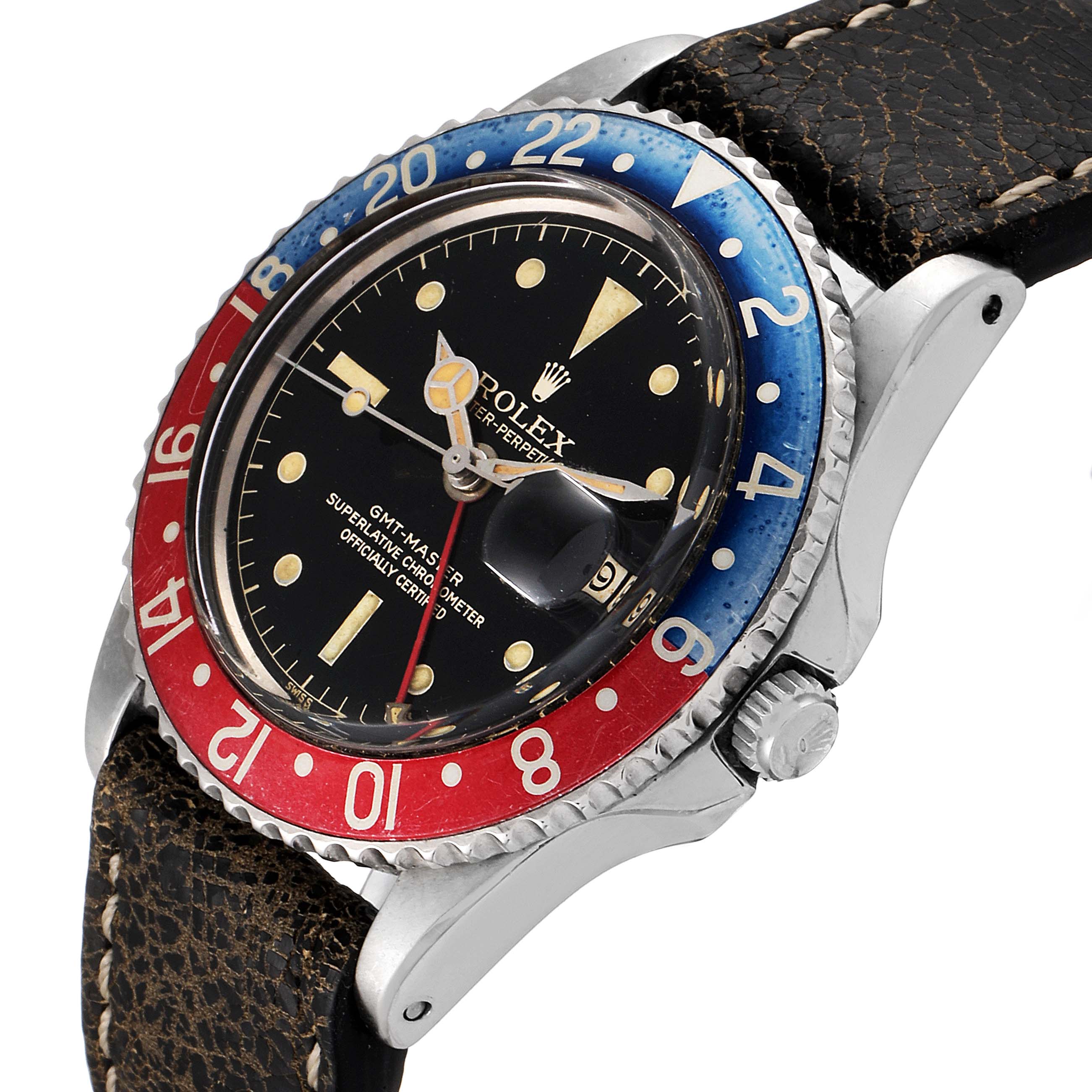 The image shows a close-up angle of the Rolex GMT-Master 1675 Men's Stainless Steel Black Dial 1675 Men's Stainless Steel Black Dial watch, highlighting the dial, bezel, and part of the strap.