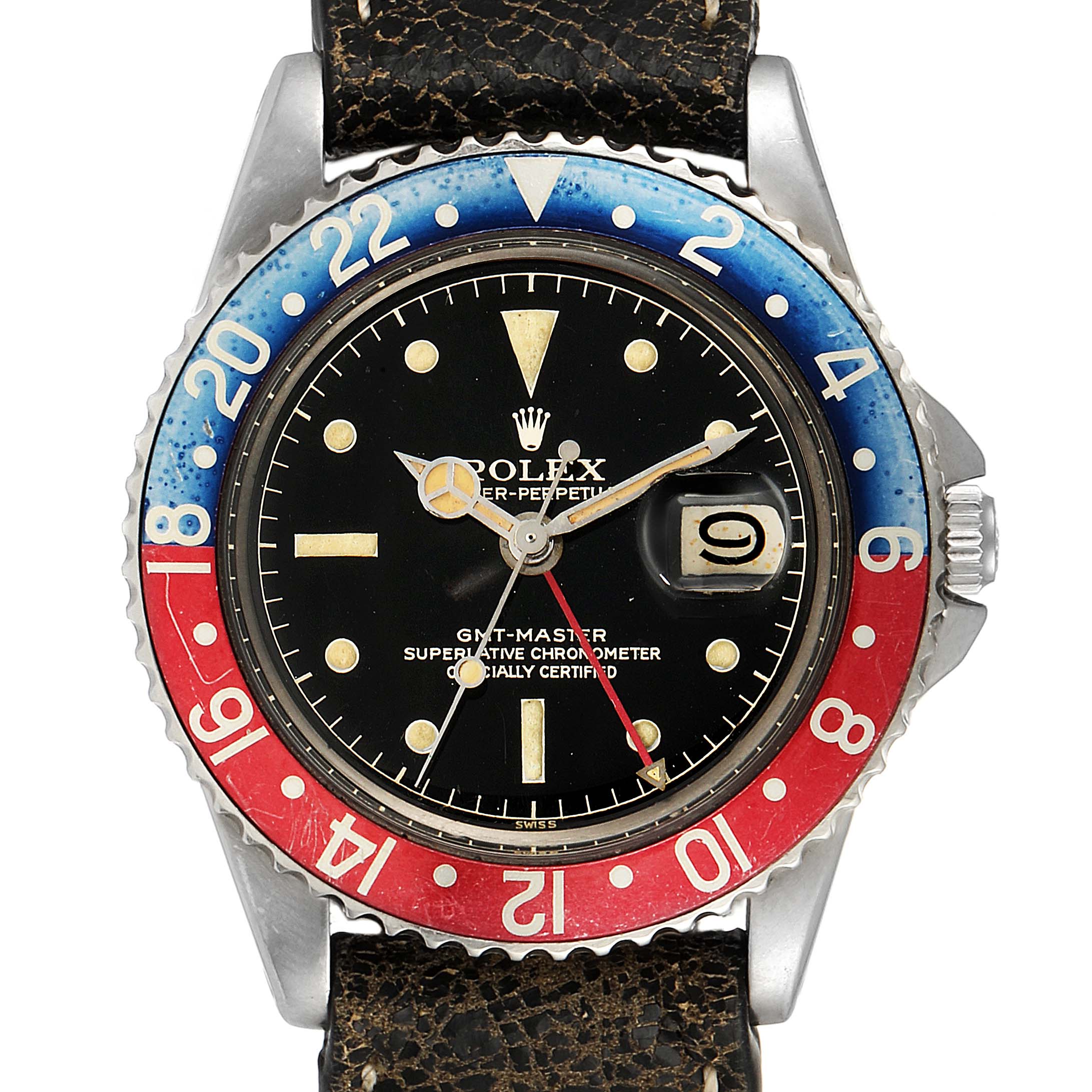 The image shows a front view of a Rolex GMT-Master 1675 Men's Stainless Steel Black Dial 1675 Men's Stainless Steel Black Dial watch, highlighting its bezel, dial, and leather strap.