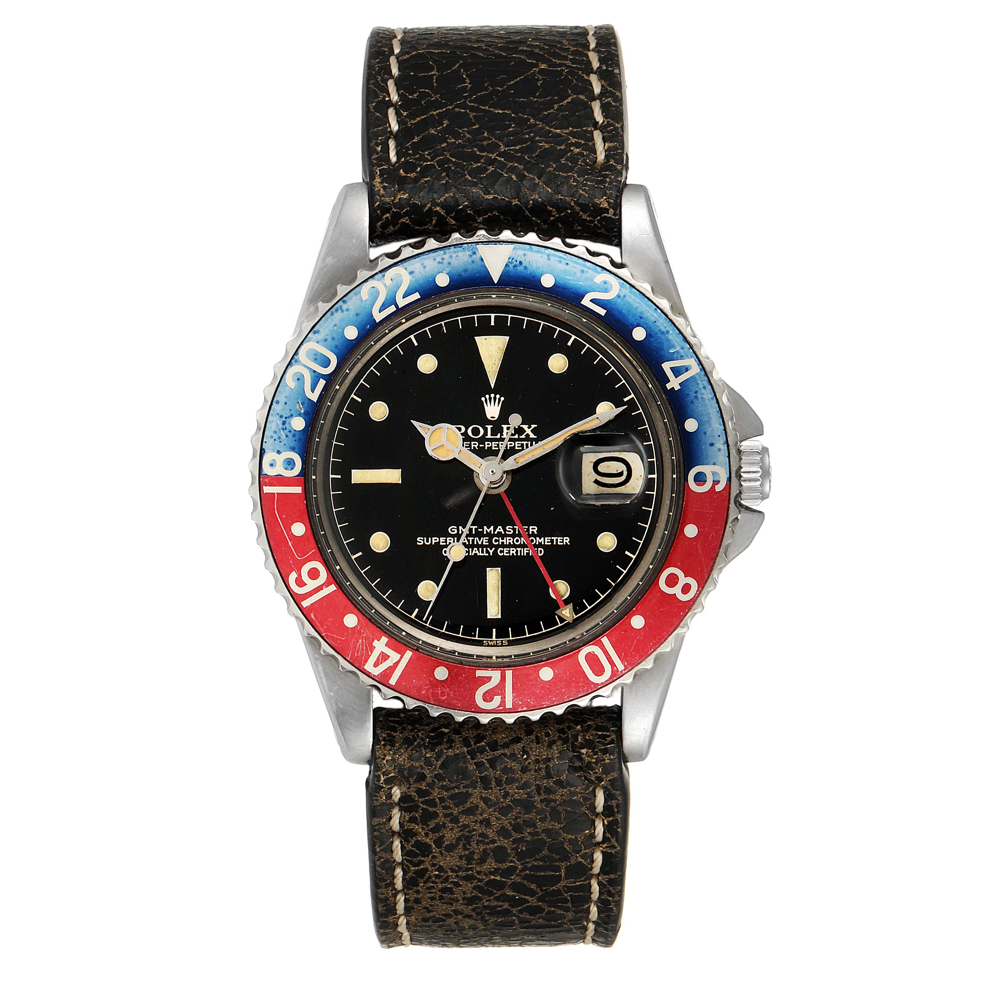 The image shows a front view of a Rolex GMT-Master 1675 Men's Stainless Steel Black Dial 1675 Men's Stainless Steel Black Dial watch with a Pepsi bezel and a leather strap.
