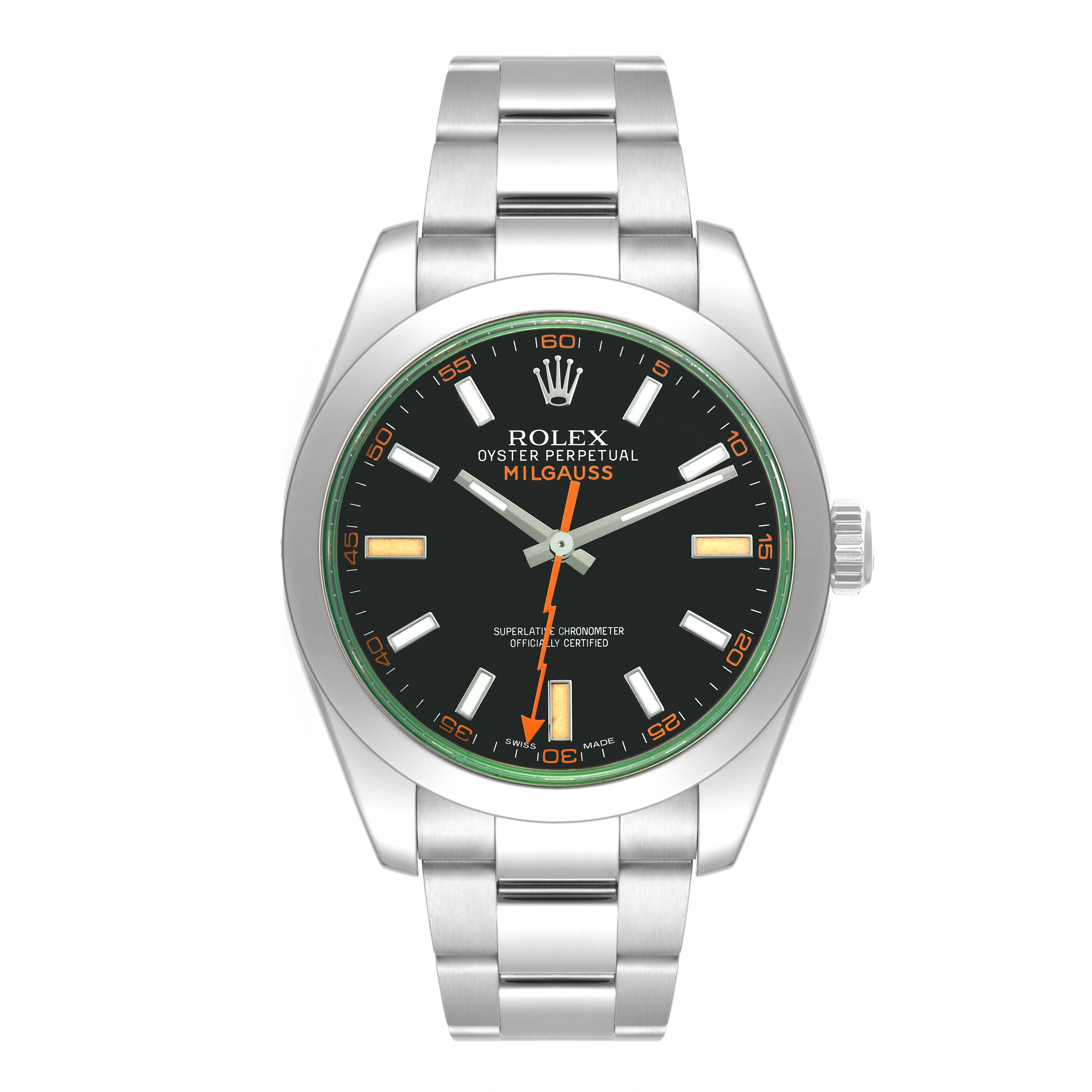 The image shows a front view of the Rolex Milgauss 116400GV Men's Stainless Steel Black Dial 116400GV Men's Stainless Steel Black Dial watch, showcasing its face, hands, and metal bracelet.