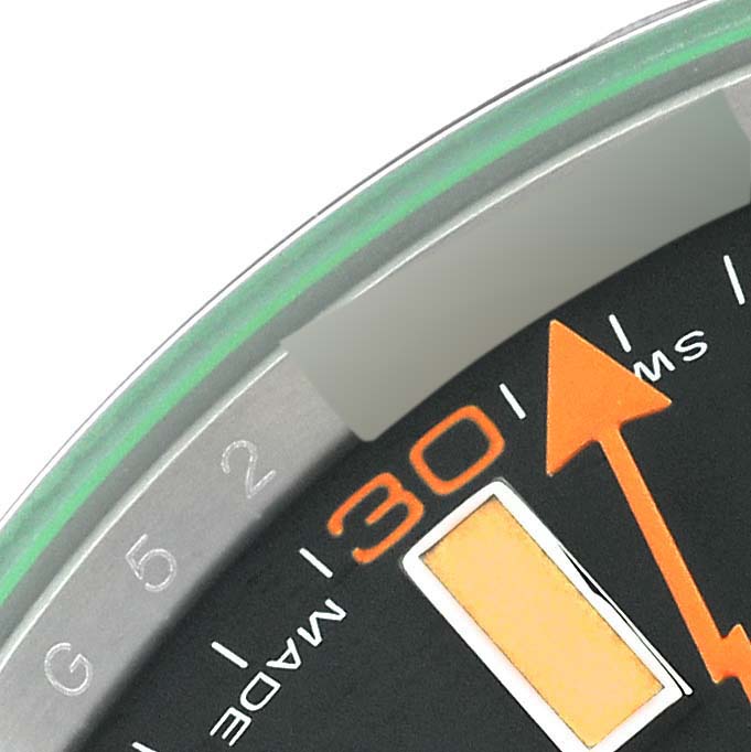This image shows a close-up of the dial and part of the second hand of a Rolex Milgauss 116400GV Men's Stainless Steel Black Dial 116400GV Men's Stainless Steel Black Dial watch.
