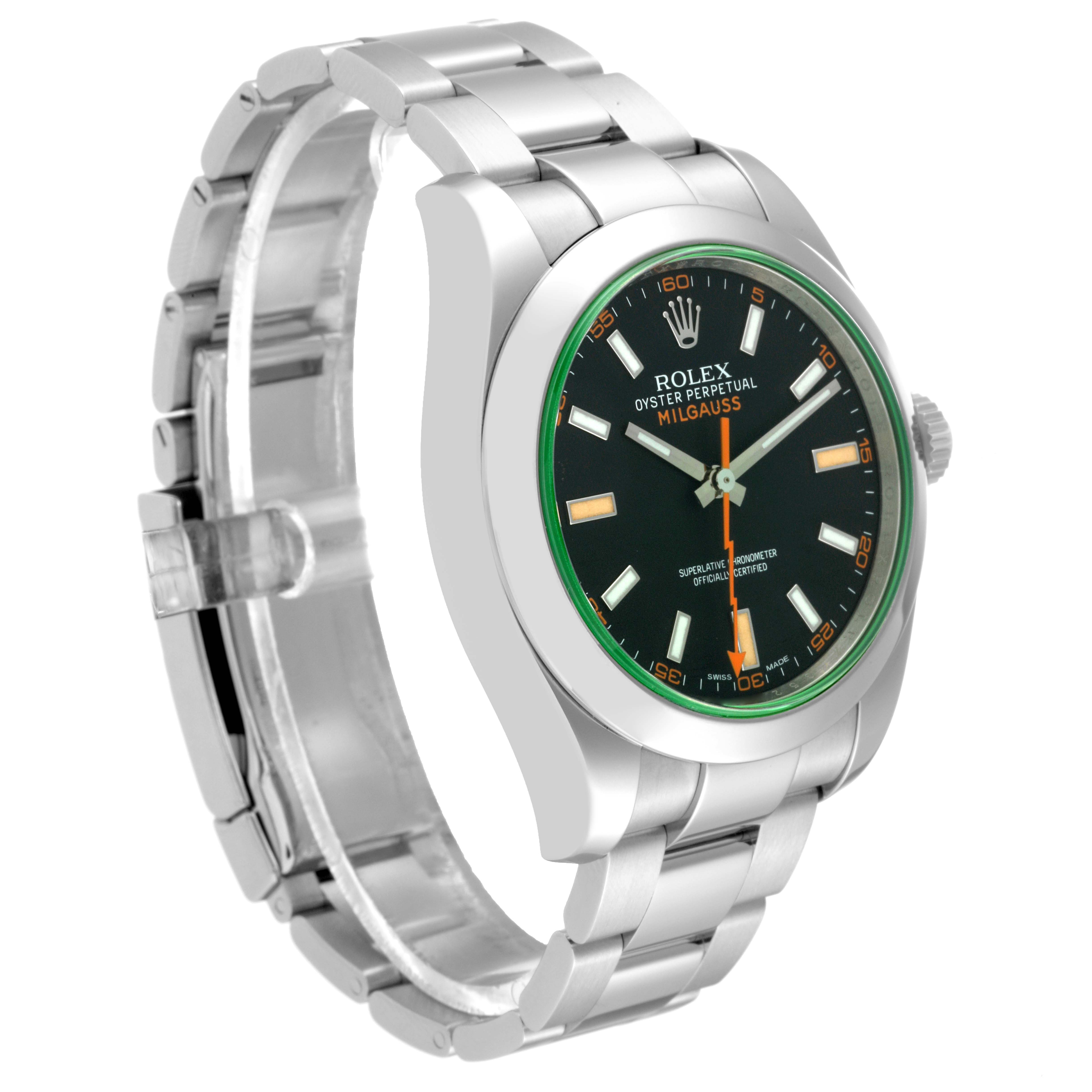 The image shows a Rolex Milgauss 116400GV Men's Stainless Steel Black Dial 116400GV Men's Stainless Steel Black Dial watch angled from the front-left, highlighting the face, bezel, and part of the band.