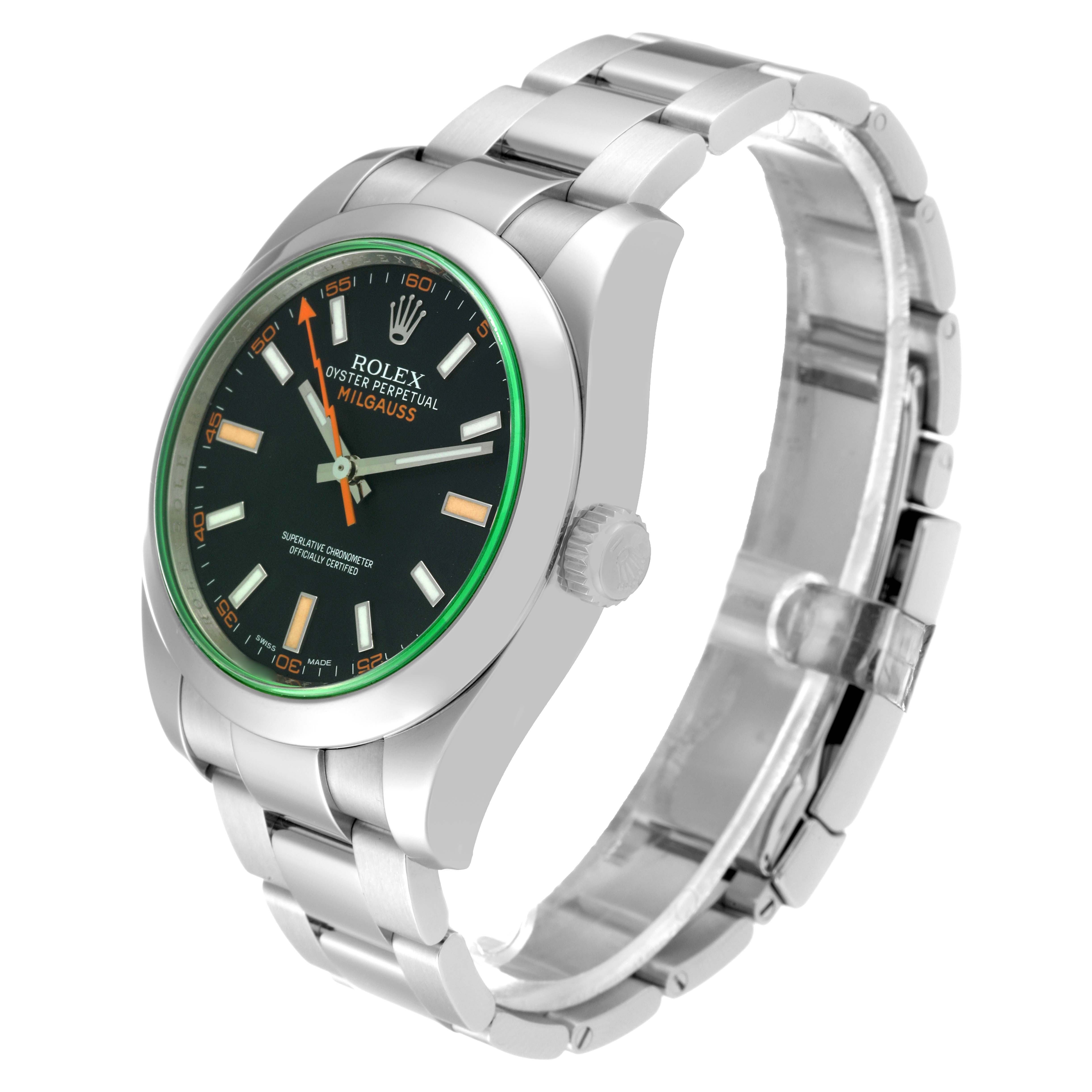 This image shows a side angle of a Rolex Milgauss 116400GV Men's Stainless Steel Black Dial 116400GV Men's Stainless Steel Black Dial watch, displaying its face, bezel, crown, and stainless steel bracelet.
