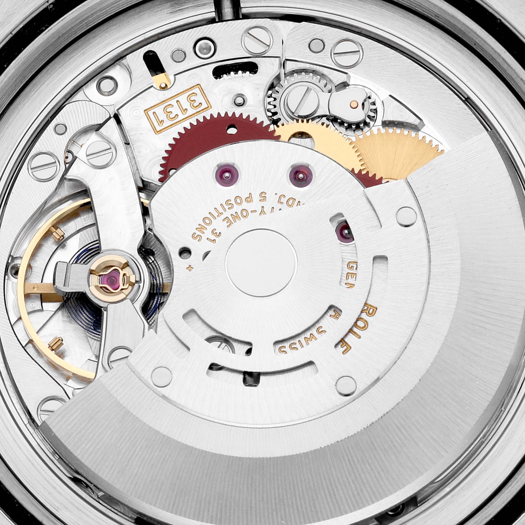 This image shows a close-up of the mechanical movement inside a Rolex Milgauss 116400GV Men's Stainless Steel Black Dial 116400GV Men's Stainless Steel Black Dial watch.