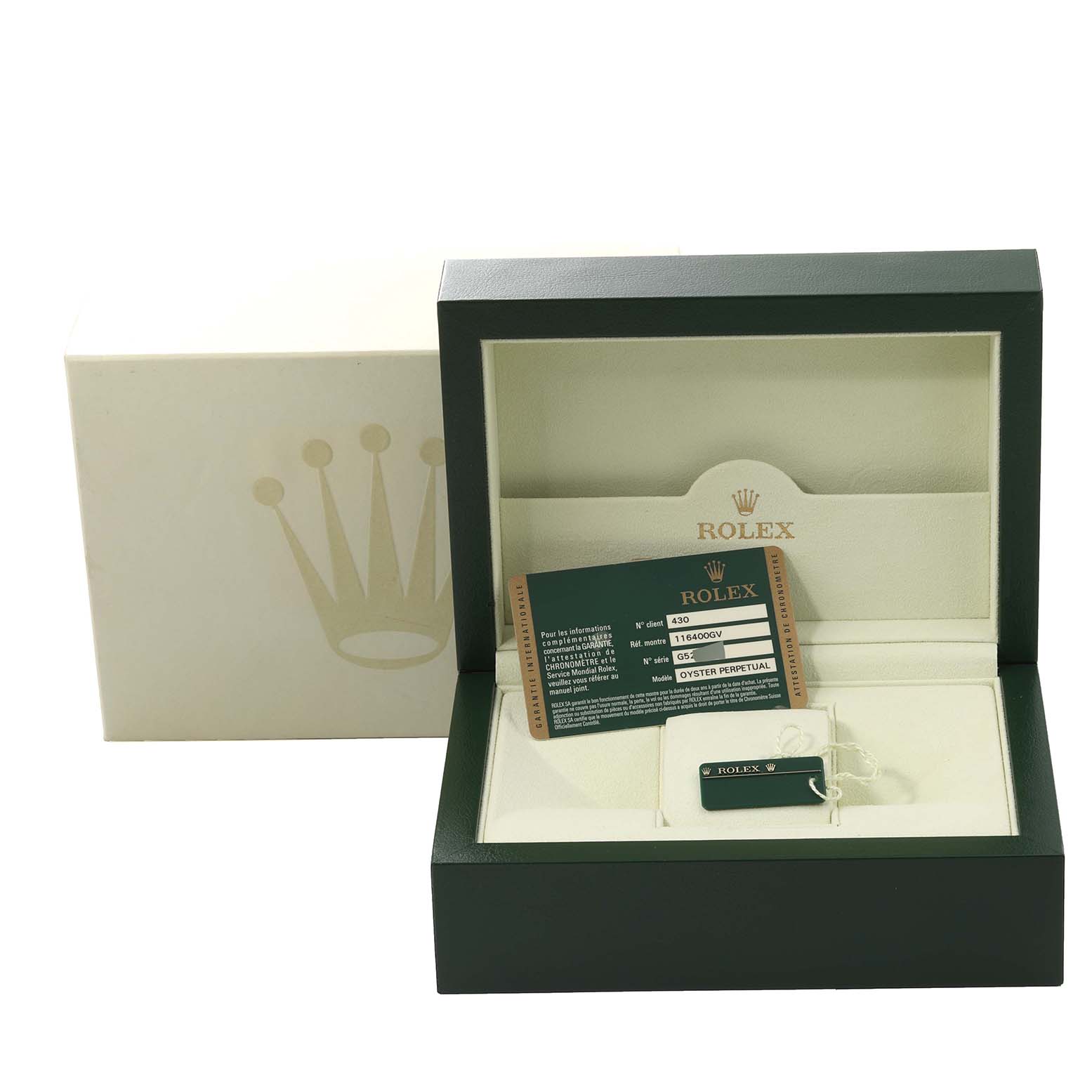 The image shows a Rolex Milgauss 116400GV Men's Stainless Steel Black Dial 116400GV Men's Stainless Steel Black Dial watch box with an authenticity card and a hang tag displayed inside.