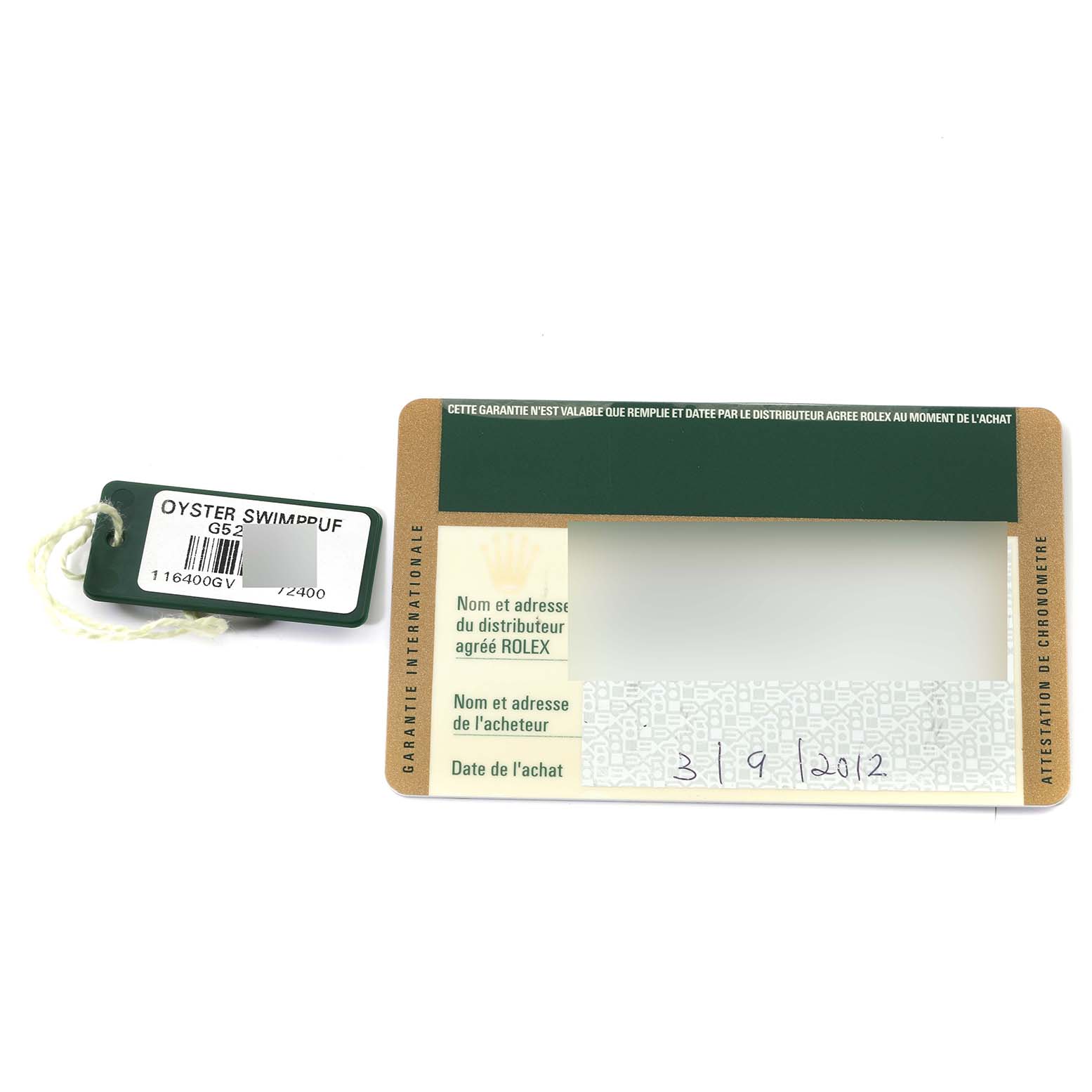 The image shows a warranty card and a tag for a Rolex Milgauss 116400GV Men's Stainless Steel Black Dial 116400GV Men's Stainless Steel Black Dial watch, including the serial number and purchase date.