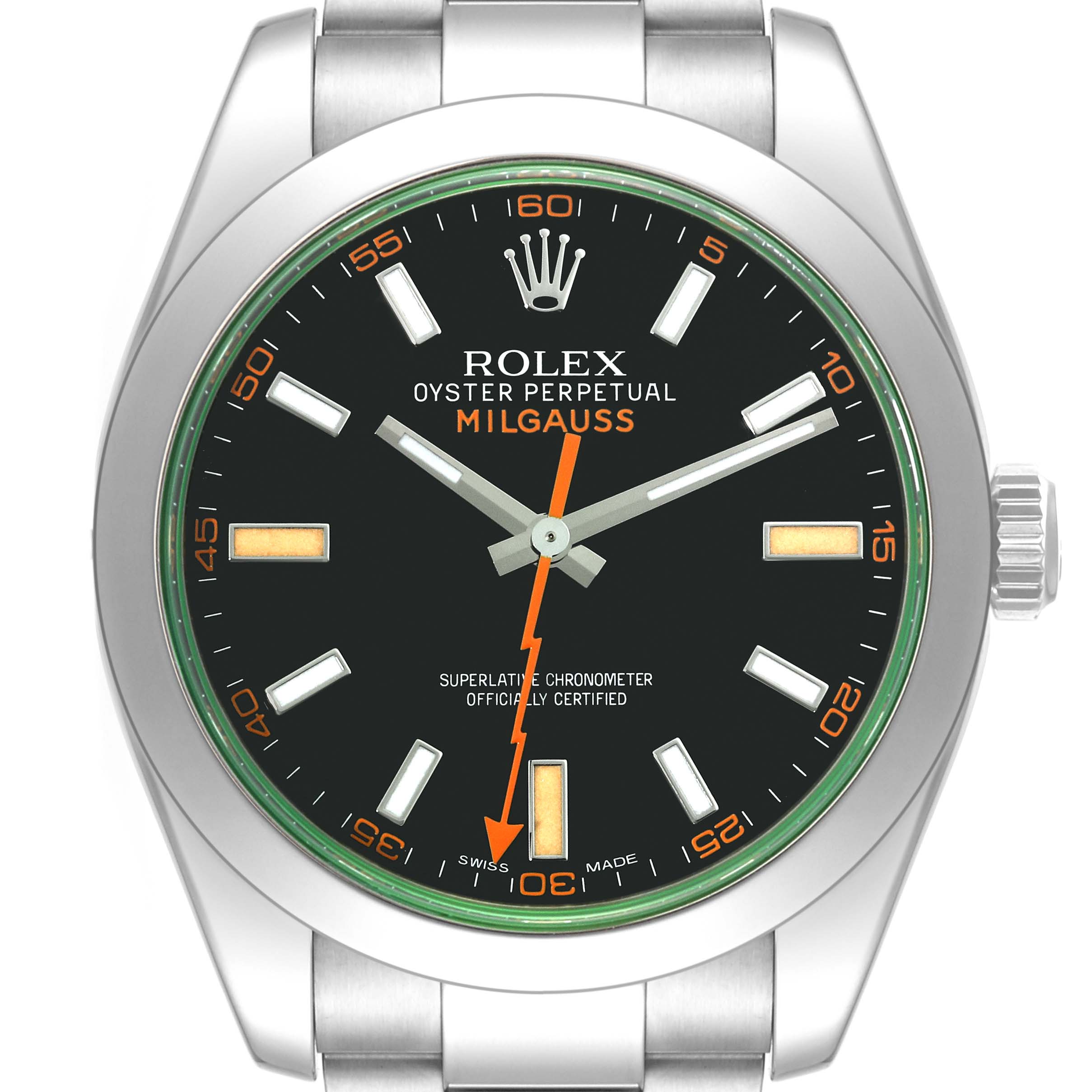 This image shows the dial and the upper part of the Rolex Milgauss 116400GV Men's Stainless Steel Black Dial 116400GV Men's Stainless Steel Black Dial watch at a straight-on angle.