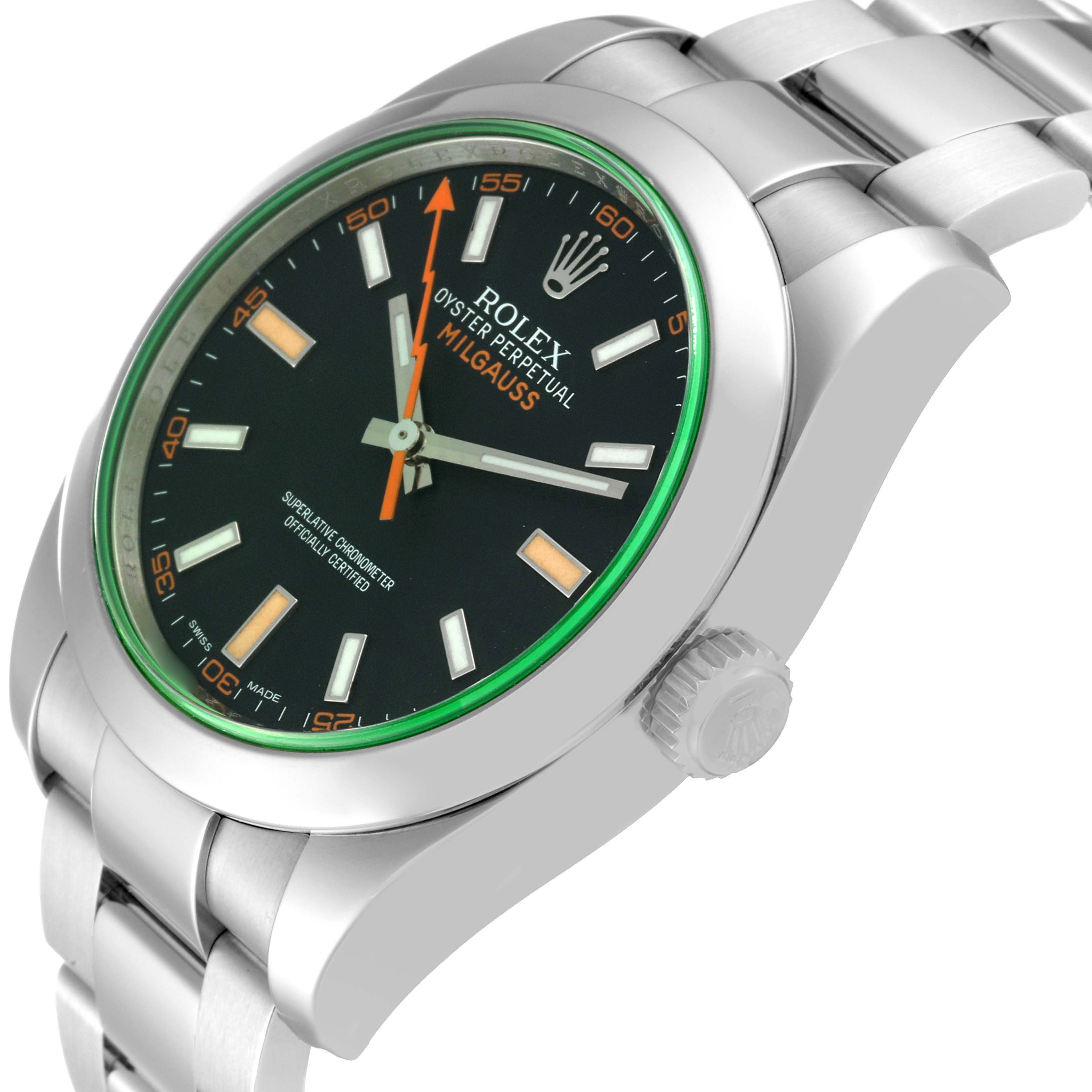 The image shows a side angle of the Rolex Milgauss 116400GV Men's Stainless Steel Black Dial 116400GV Men's Stainless Steel Black Dial watch, highlighting its face, bezel, crown, and stainless steel bracelet.