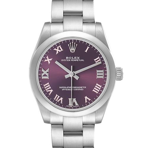 The Rolex Oyster Perpetual 177200 Women's Stainless Steel Purple Dial watch is shown from the front, displaying its dial, case, crown, and part of the bracelet.