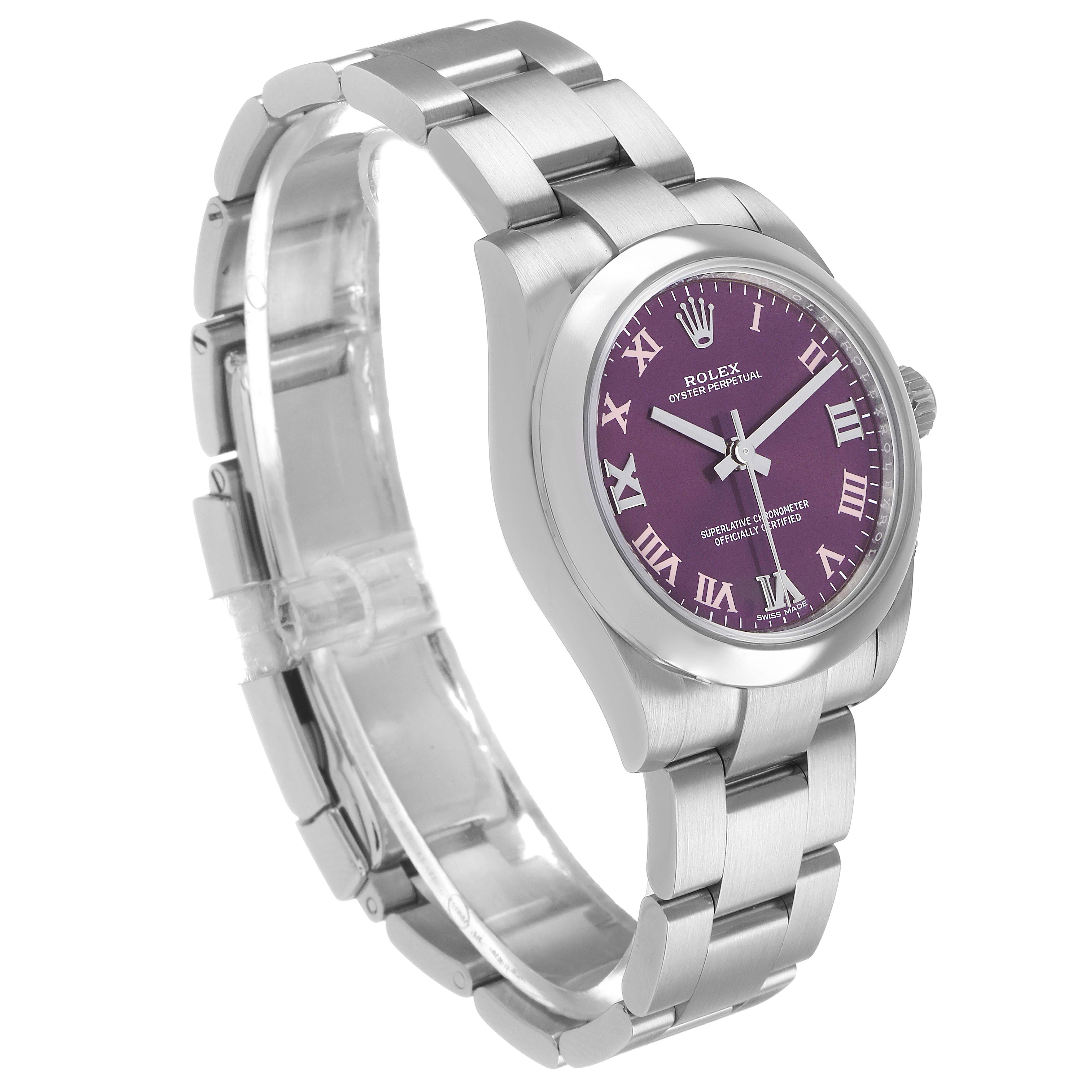 The Rolex Oyster Perpetual 177200 Women's Stainless Steel Purple Dial watch is shown at an angled side view, displaying the case, dial, and bracelet.