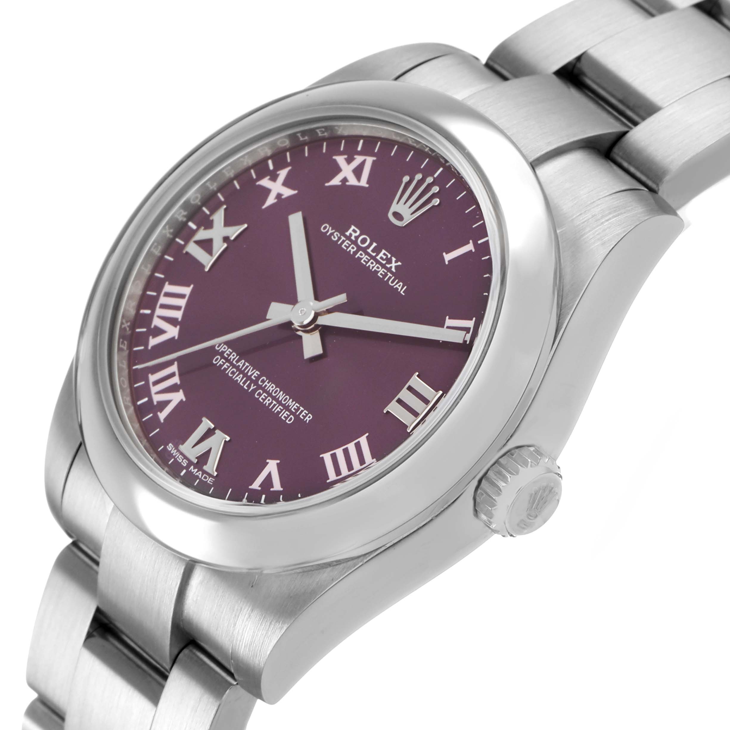 The Rolex Oyster Perpetual 177200 Women's Stainless Steel Purple Dial watch is shown at a slight angle, highlighting the side of the case, dial, and bracelet.