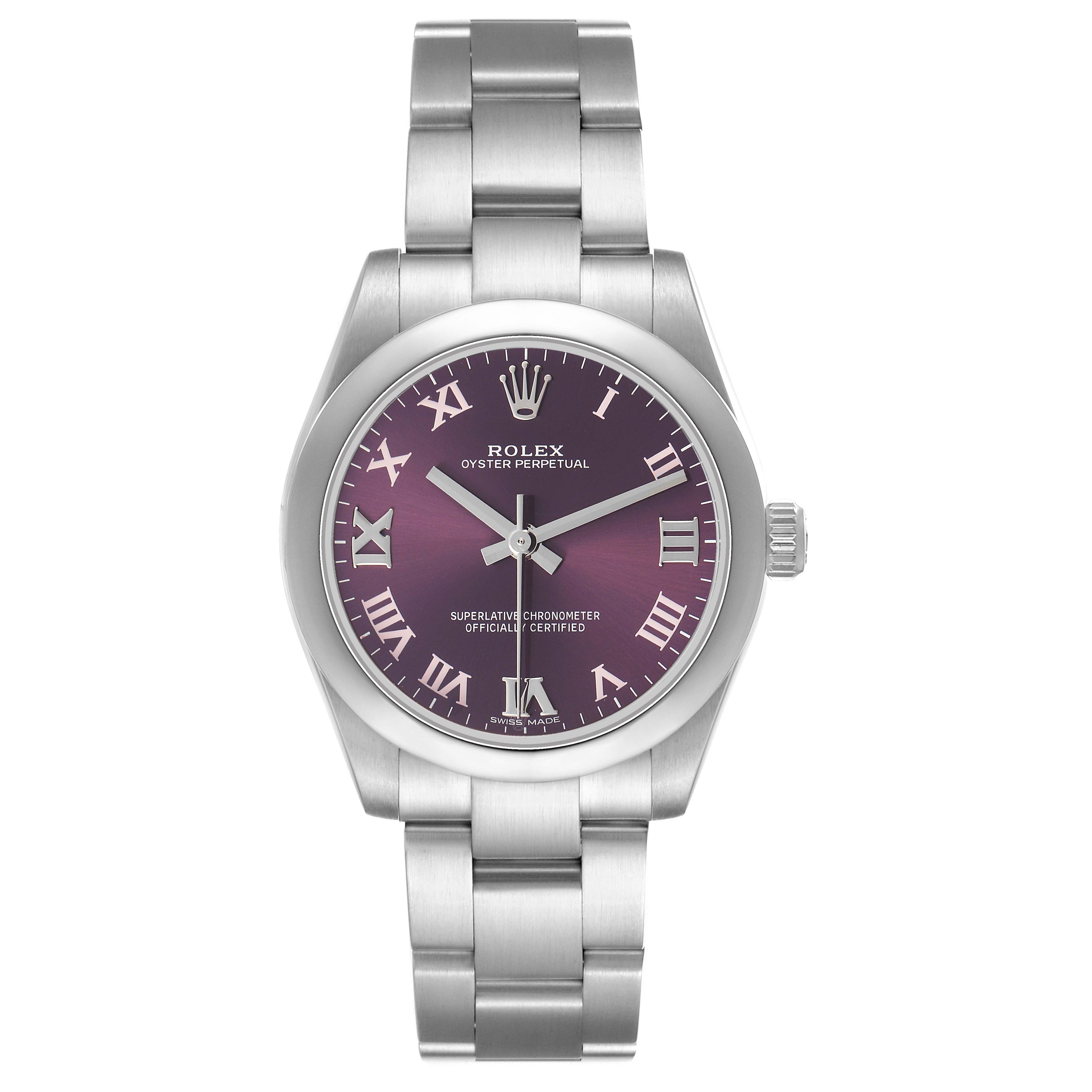 The Rolex Oyster Perpetual 177200 Women's Stainless Steel Purple Dial watch is shown from a top-down angle, featuring the dial, case, and bracelet.