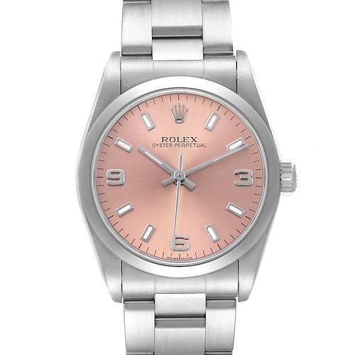The Rolex Oyster Perpetual 77080 Women's Stainless Steel Pink Dial watch is shown from a front angle, displaying its dial, bezel, and part of the bracelet.